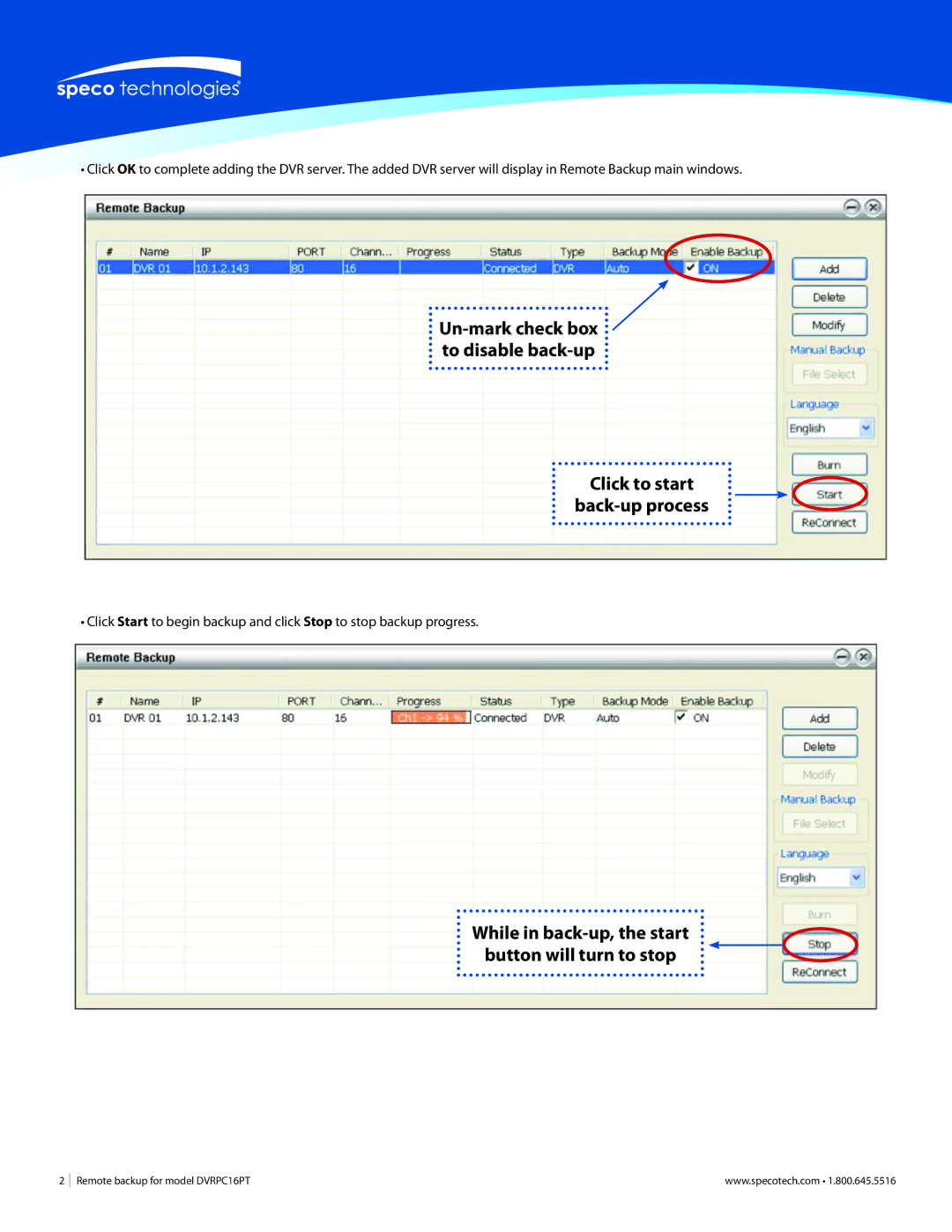 Speco Technologies DVRPC16T manual Click to start Back-up process, While in back-up, the start Button will turn to stop 