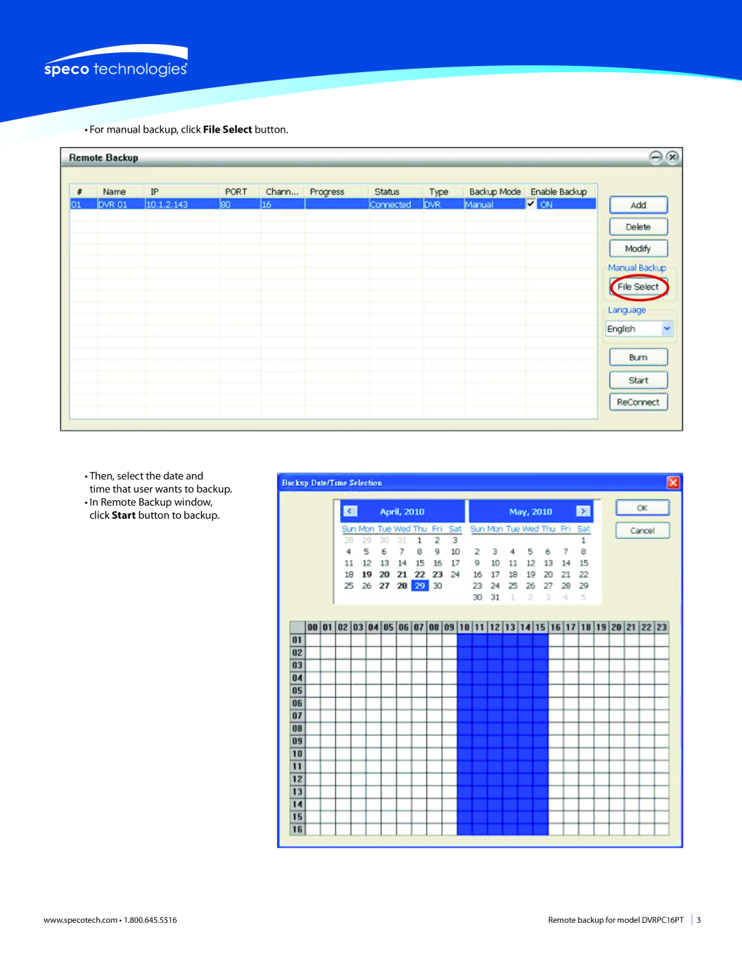 Speco Technologies DVRPC16T manual Remote Backup window, click Start button to backup 