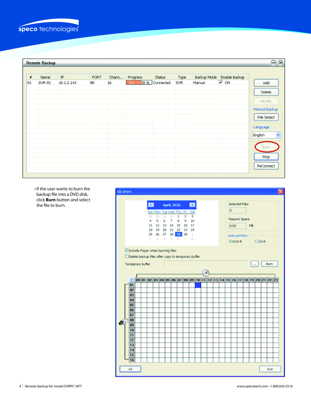 Speco Technologies DVRPC16T manual Remote backup for model DVRPC16PT 