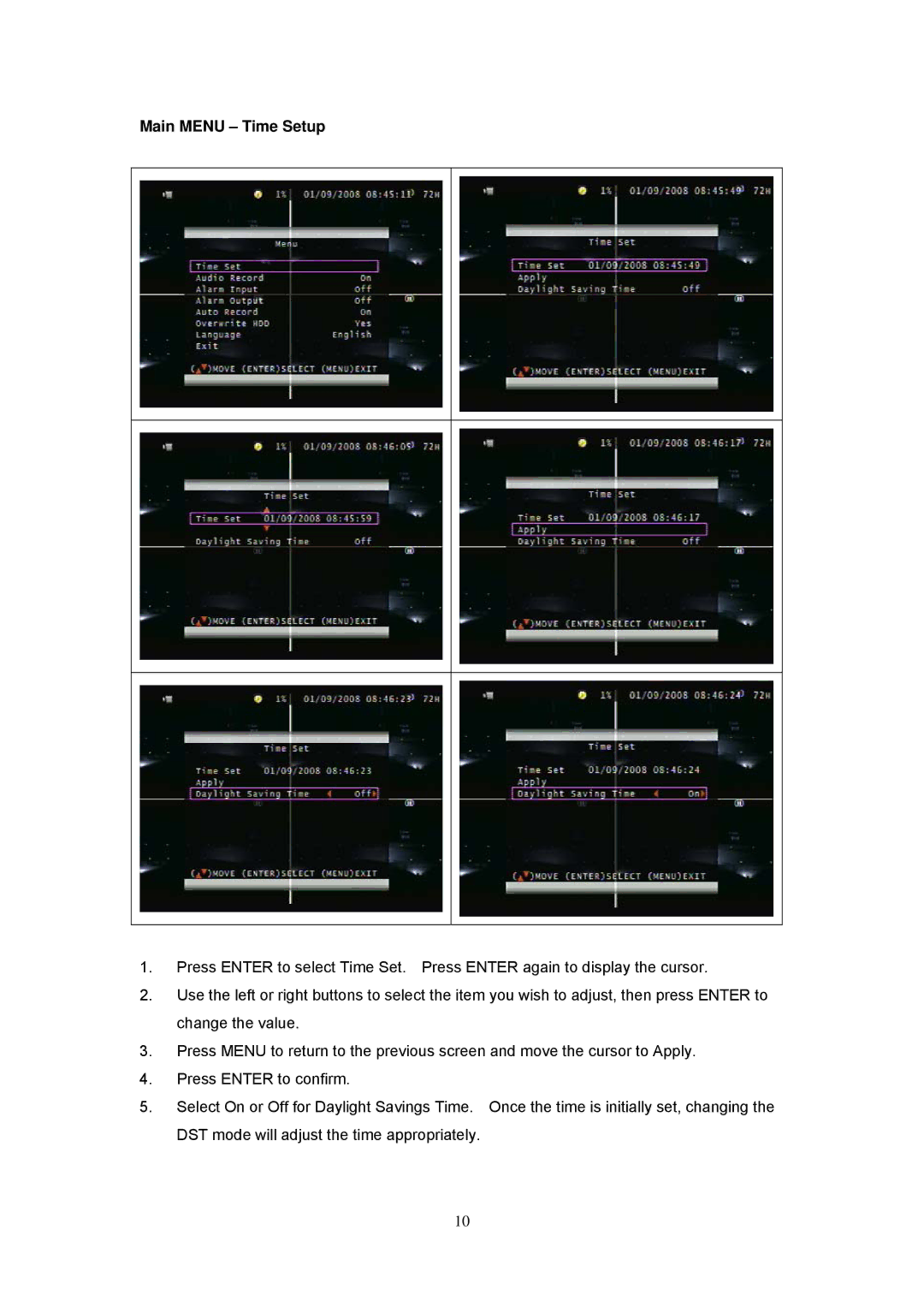 Speco Technologies EZVR4 user manual Main Menu Time Setup 