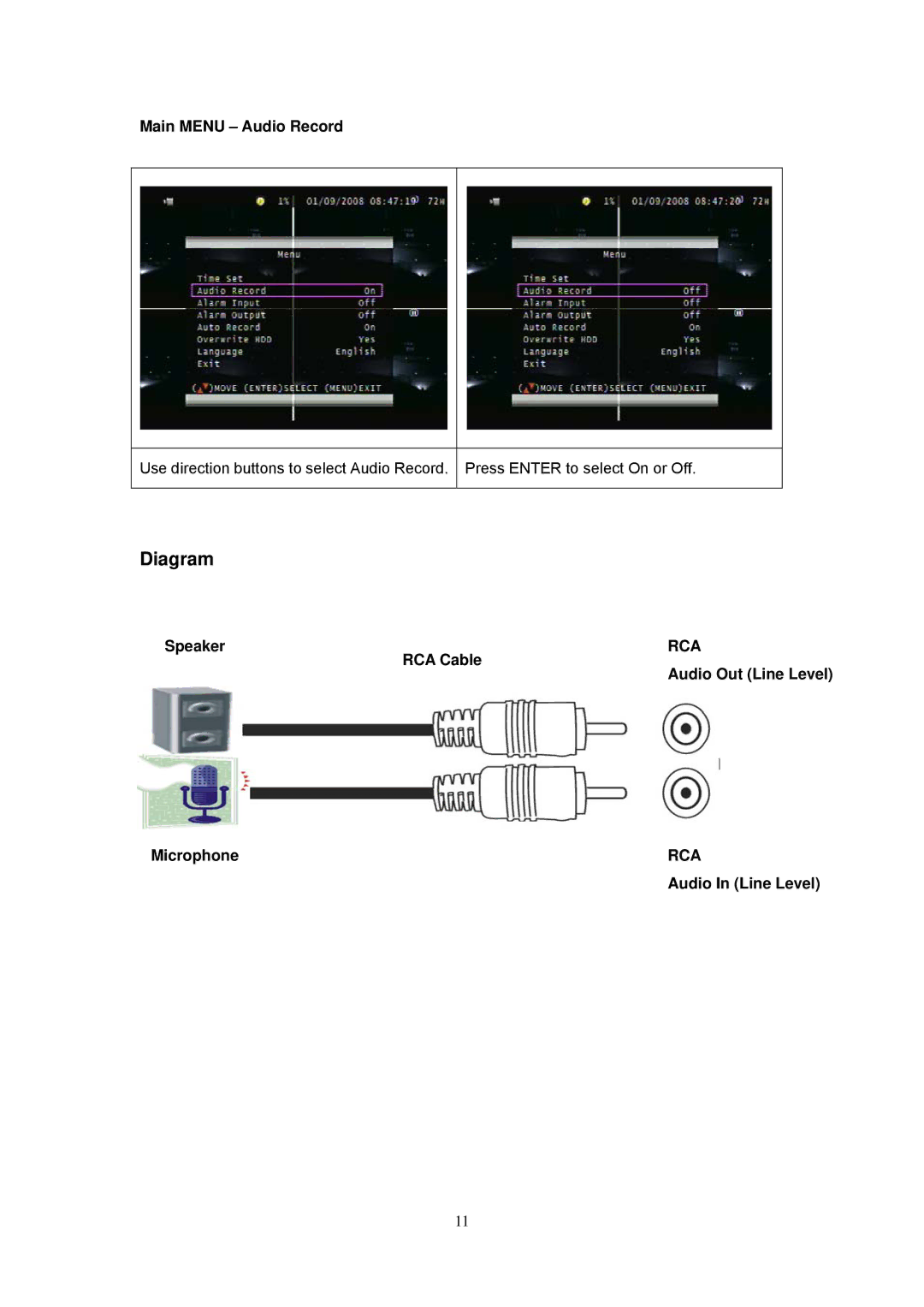 Speco Technologies EZVR4 user manual Main Menu Audio Record, Speaker, RCA Cable, Audio Out Line Level, Microphone 