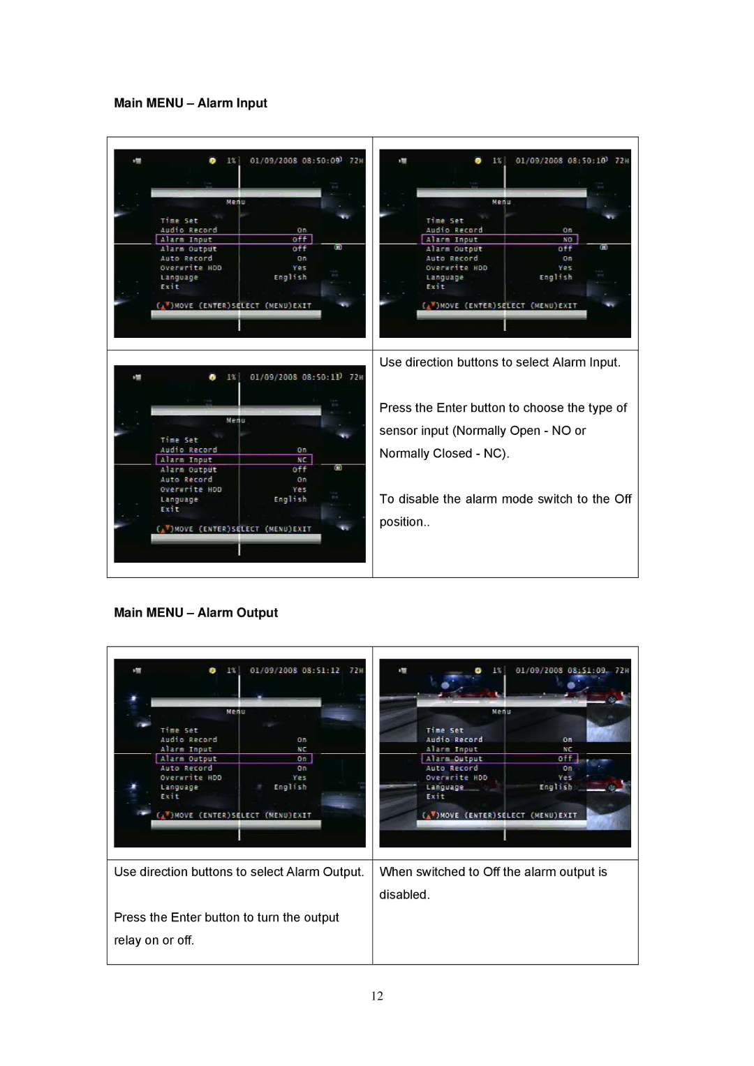 Speco Technologies EZVR4 user manual Main Menu Alarm Input, Main Menu Alarm Output 