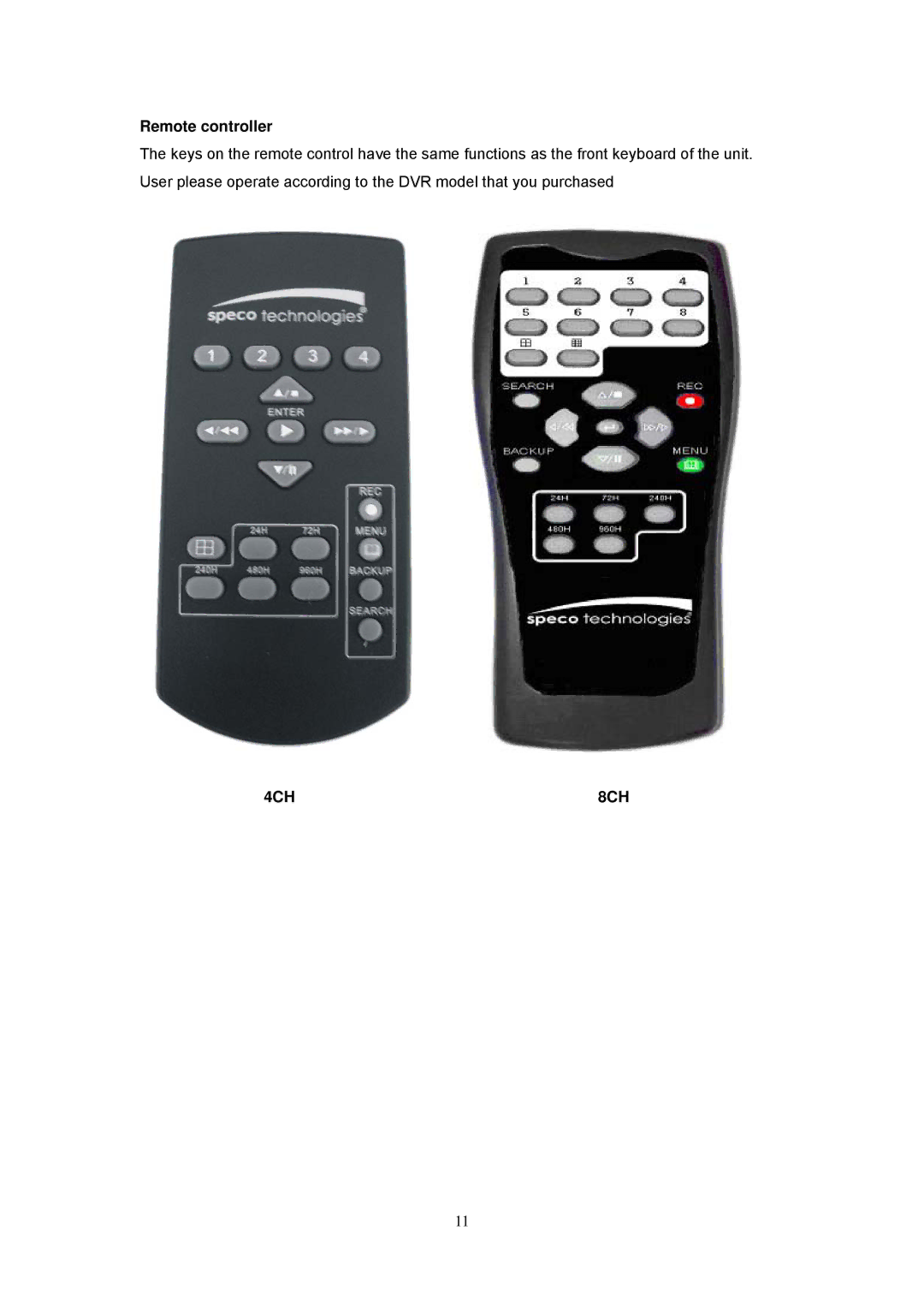 Speco Technologies EZVR4/8 user manual Remote controller, 4CH 8CH 