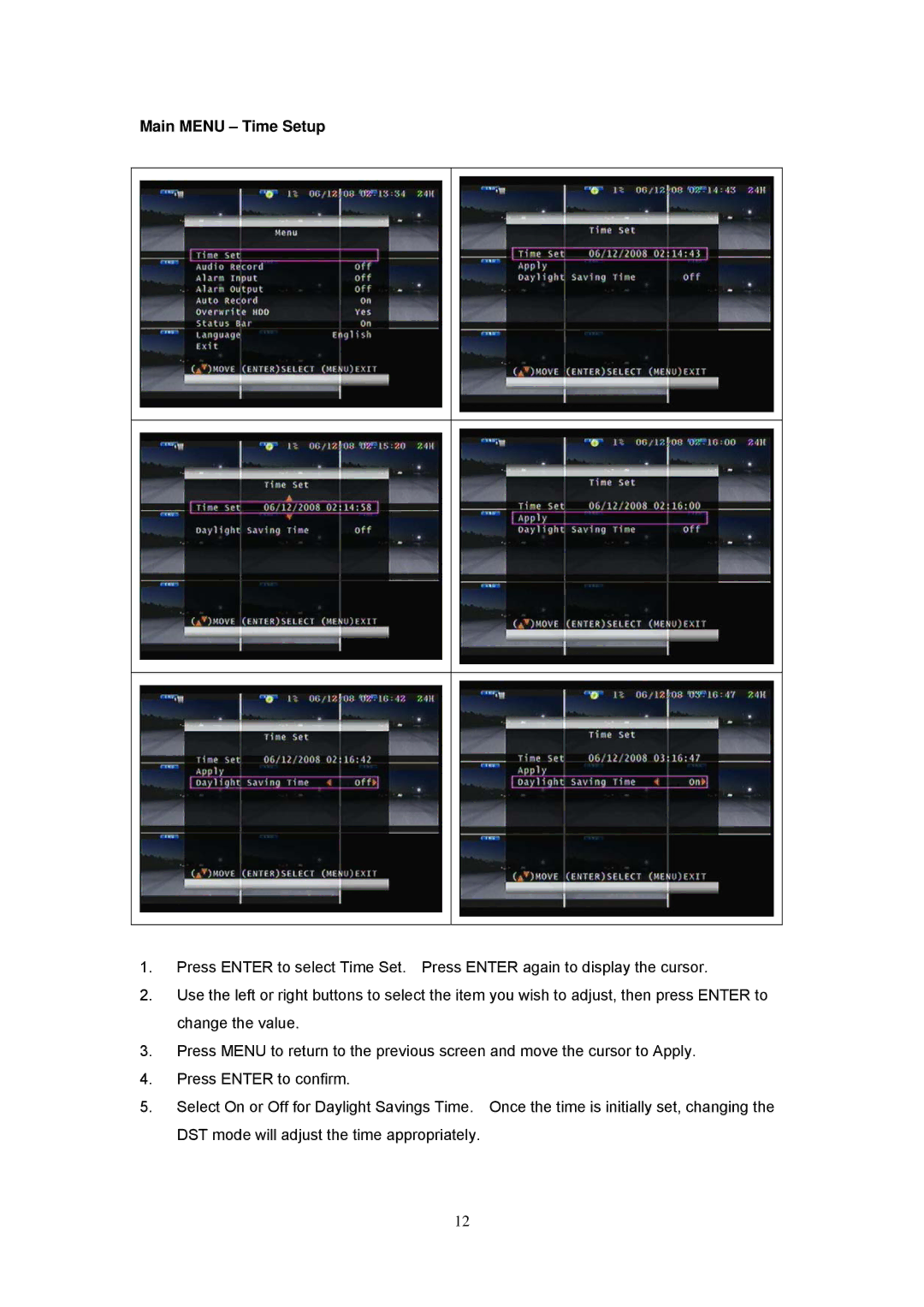 Speco Technologies EZVR4/8 user manual Main Menu Time Setup 