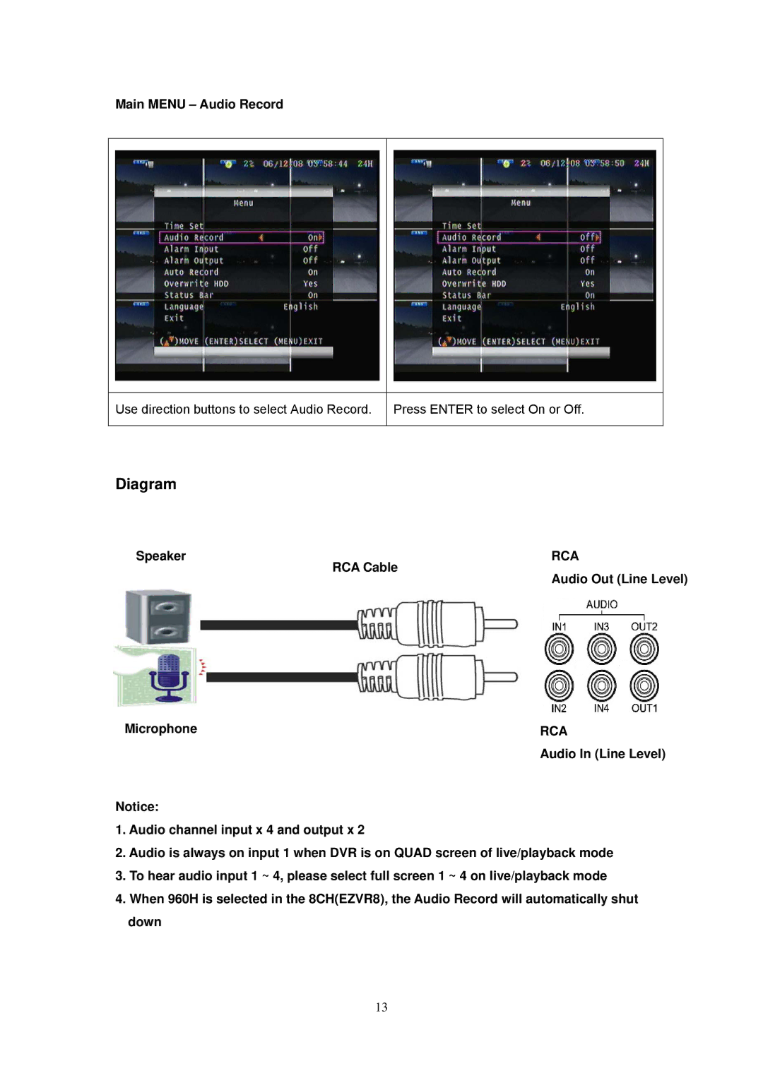 Speco Technologies EZVR4/8 user manual Main Menu Audio Record, Speaker, RCA Cable, Audio Out Line Level, Microphone 