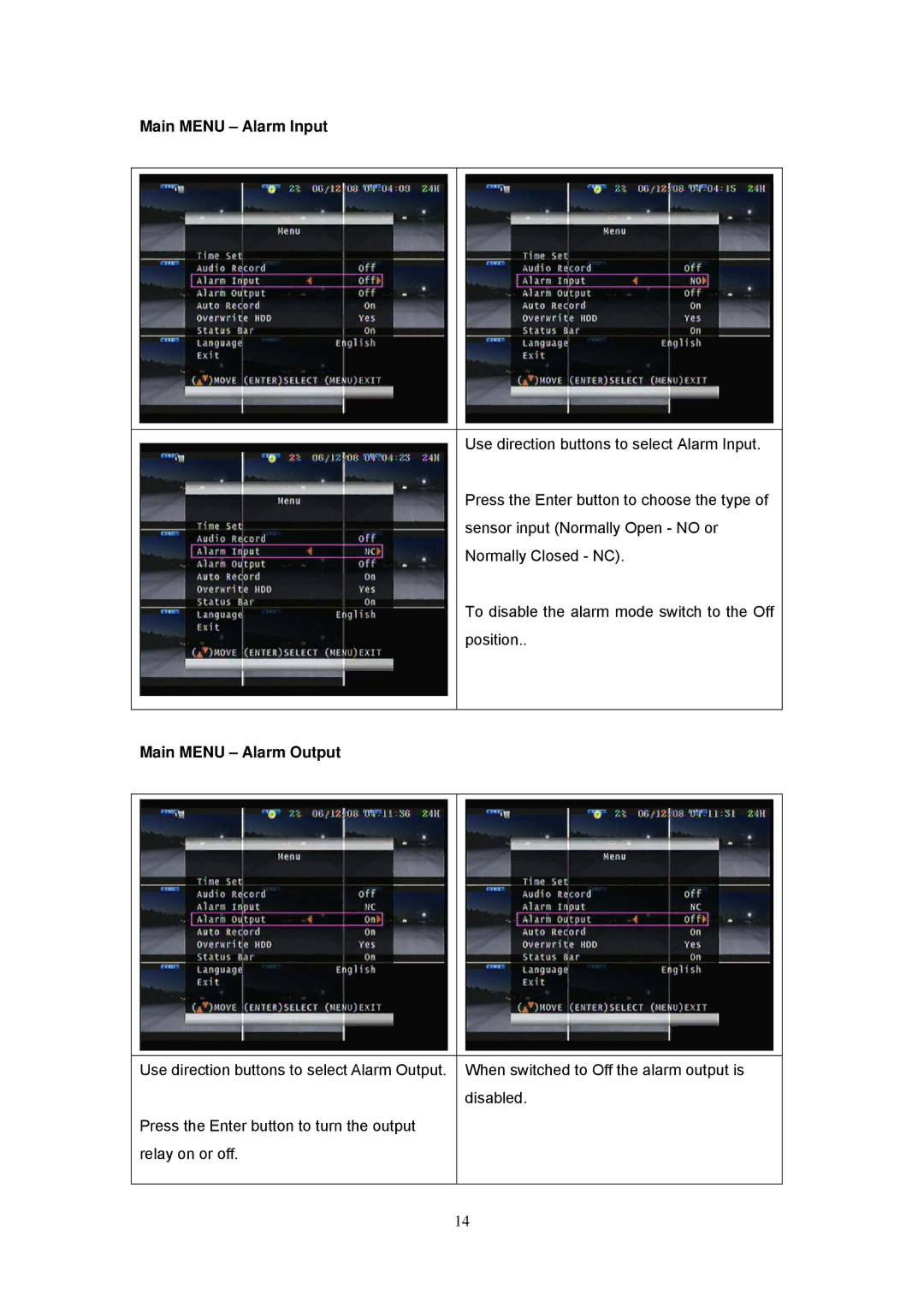 Speco Technologies EZVR4/8 user manual Main Menu Alarm Input, Main Menu Alarm Output 