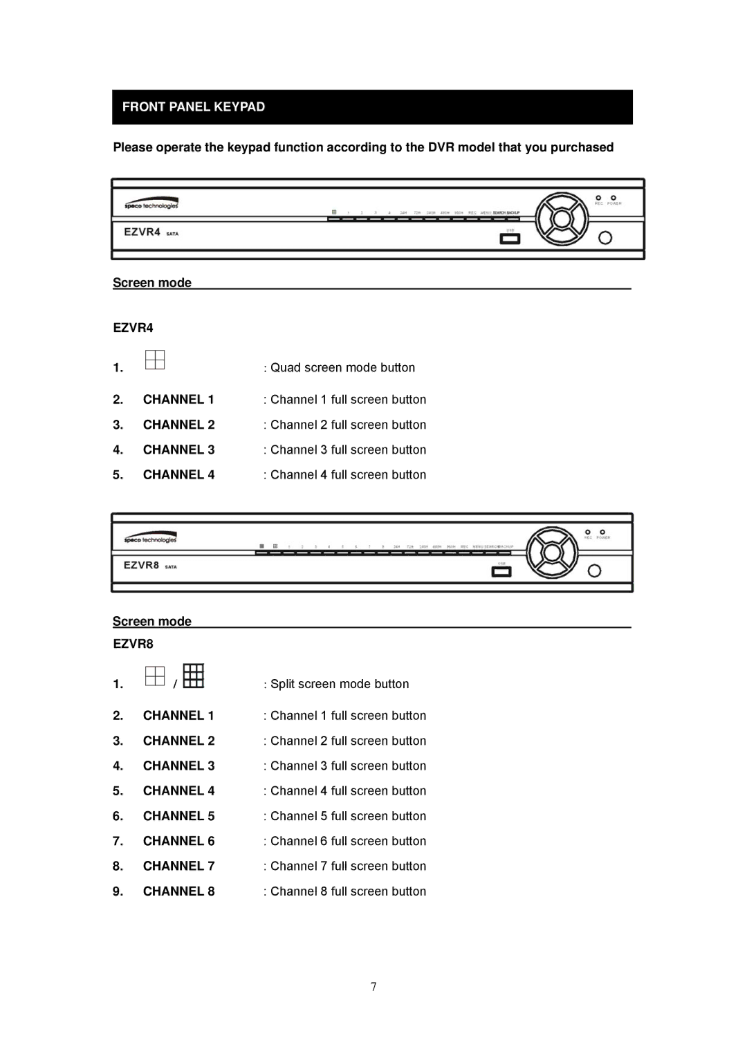 Speco Technologies EZVR4/8 user manual Front Panel Keypad, Split screen mode button 