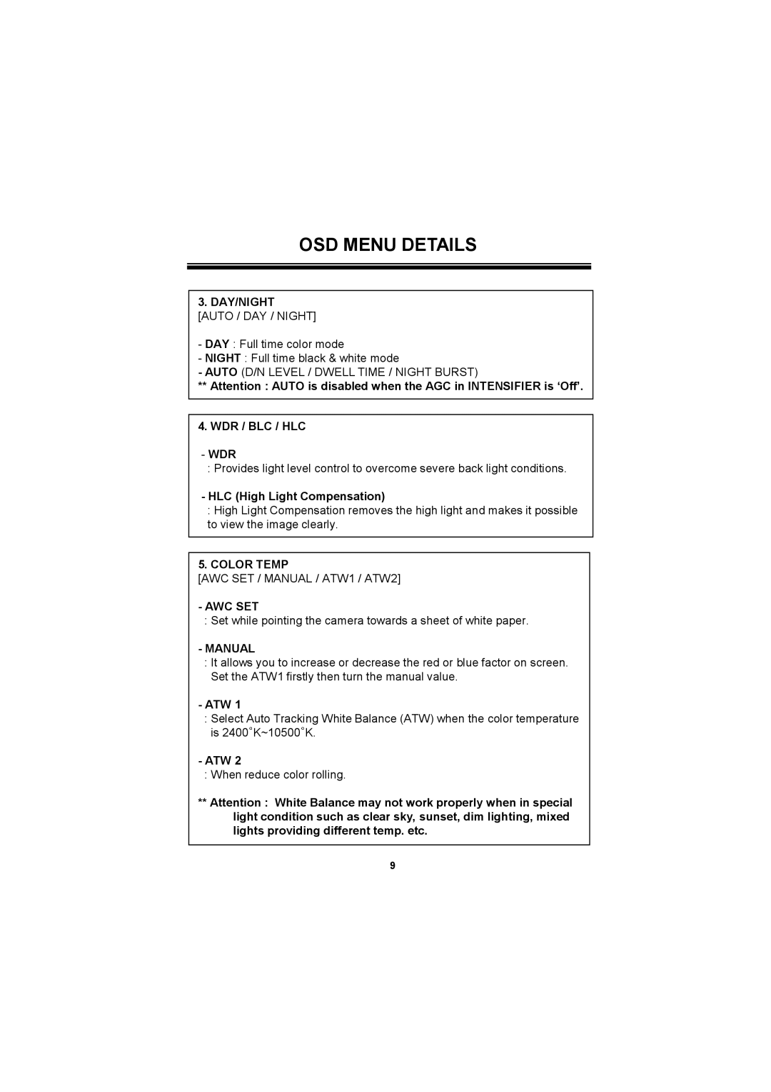 Speco Technologies HINT13D7G manual DAY/NIGHT Auto / DAY / Night, Auto D/N Level / Dwell Time / Night Burst, Wdr, Manual 