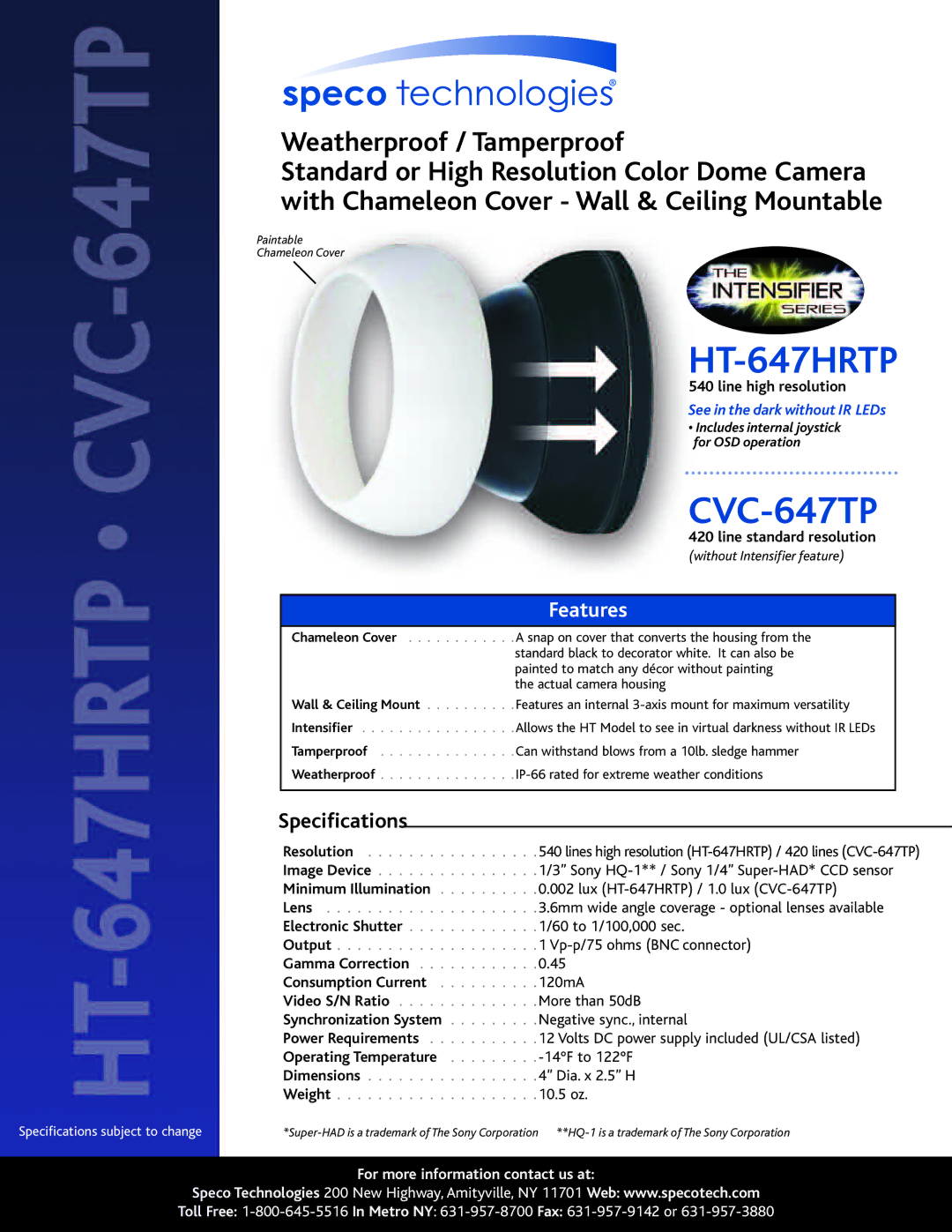 Speco Technologies CVC-647TP specifications Resolution, Image Device, Lens, Electronic Shutter, Output, Gamma Correction 