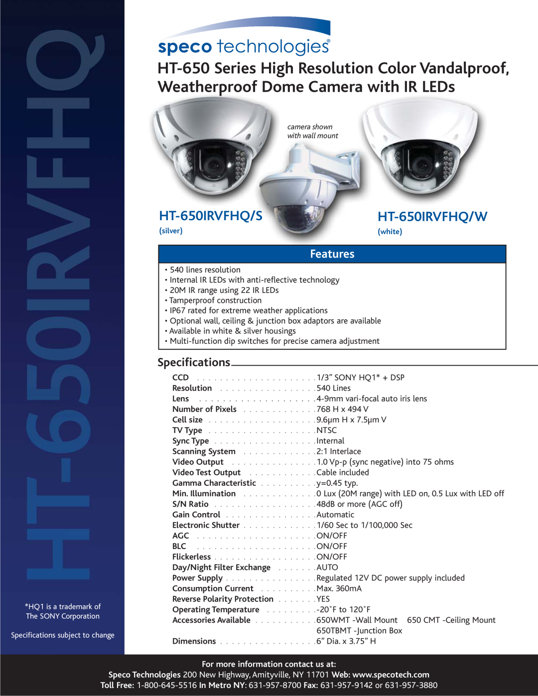 Speco Technologies specifications HT-650IRVFHQ/SHT-650IRVFHQ/W, Features, Specifications, Lens, Consumption Current 
