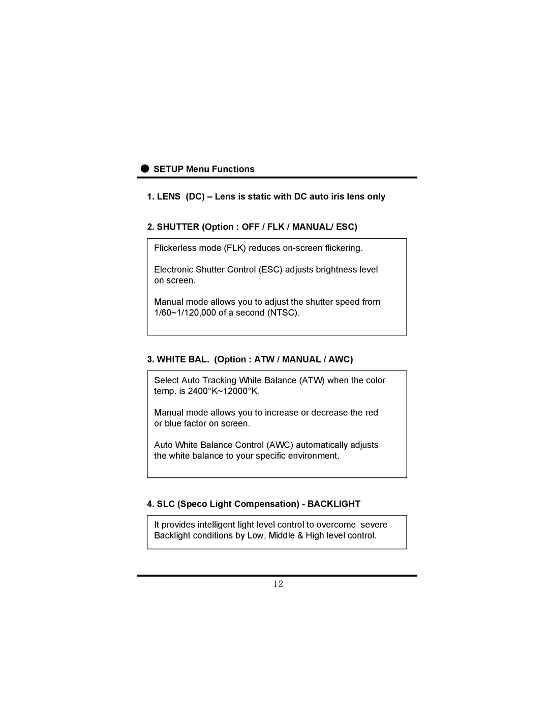 Speco Technologies HT-7248FFI manual White BAL. Option ATW / Manual / AWC, SLC Speco Light Compensation Backlight 