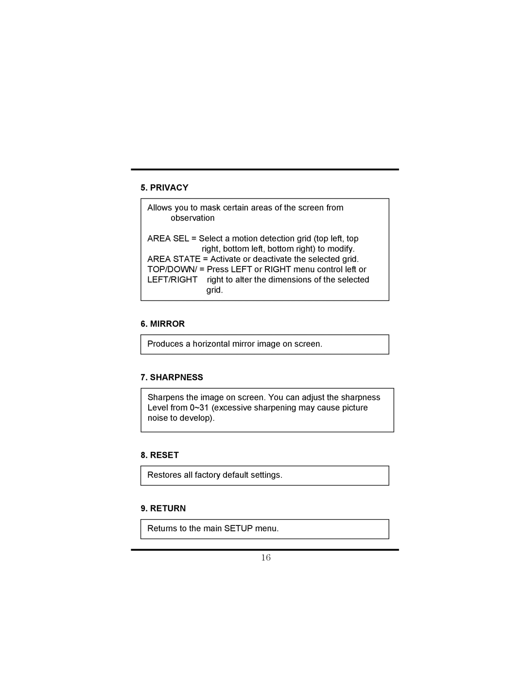 Speco Technologies HT-7248FFI manual Privacy, Mirror, Sharpness, Reset, Return 