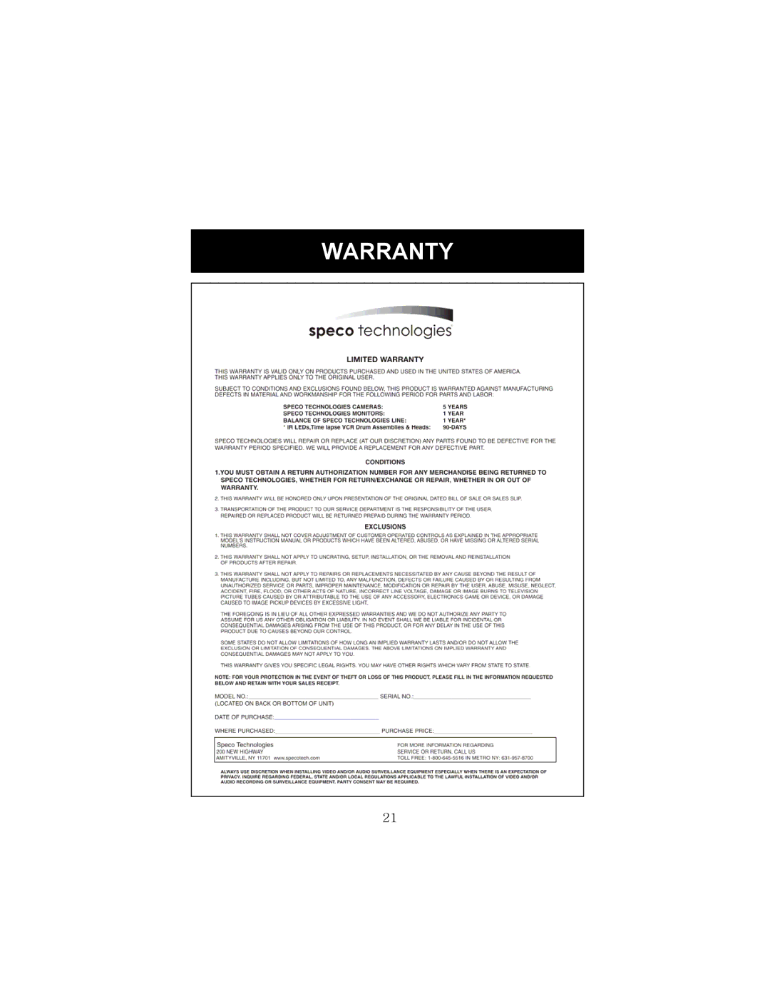 Speco Technologies HT-7248FFI manual Warranty 