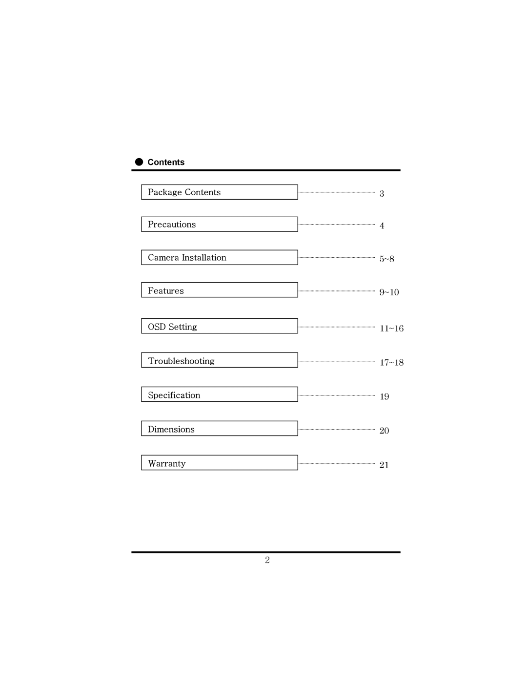 Speco Technologies HT-7248FFI Contents Package Contents Precautions Camera Installation, Features, OSD Setting, Dimensions 