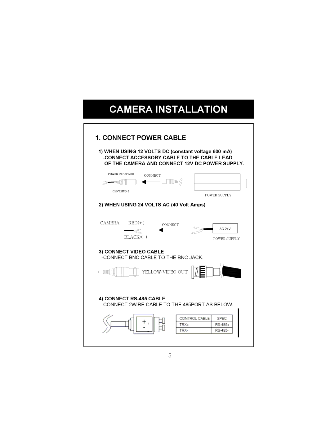 Speco Technologies HT-7248FFI manual Camera Installation, Connect Power Cable 