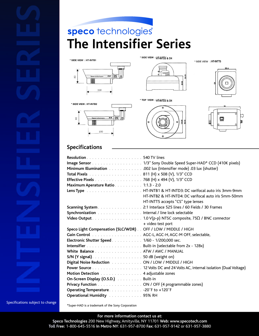 Speco Technologies HT-INTD4, HT-INTB1, HT-INTD3, HT-INTB2 Digital Noise Reduction, The Intensifier Series, Specifications 