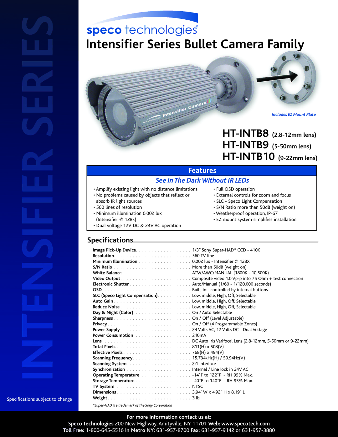 Speco Technologies HT-INTB9 specifications Intensifier Series Bullet Camera Family, Specifications, Features, Osd 