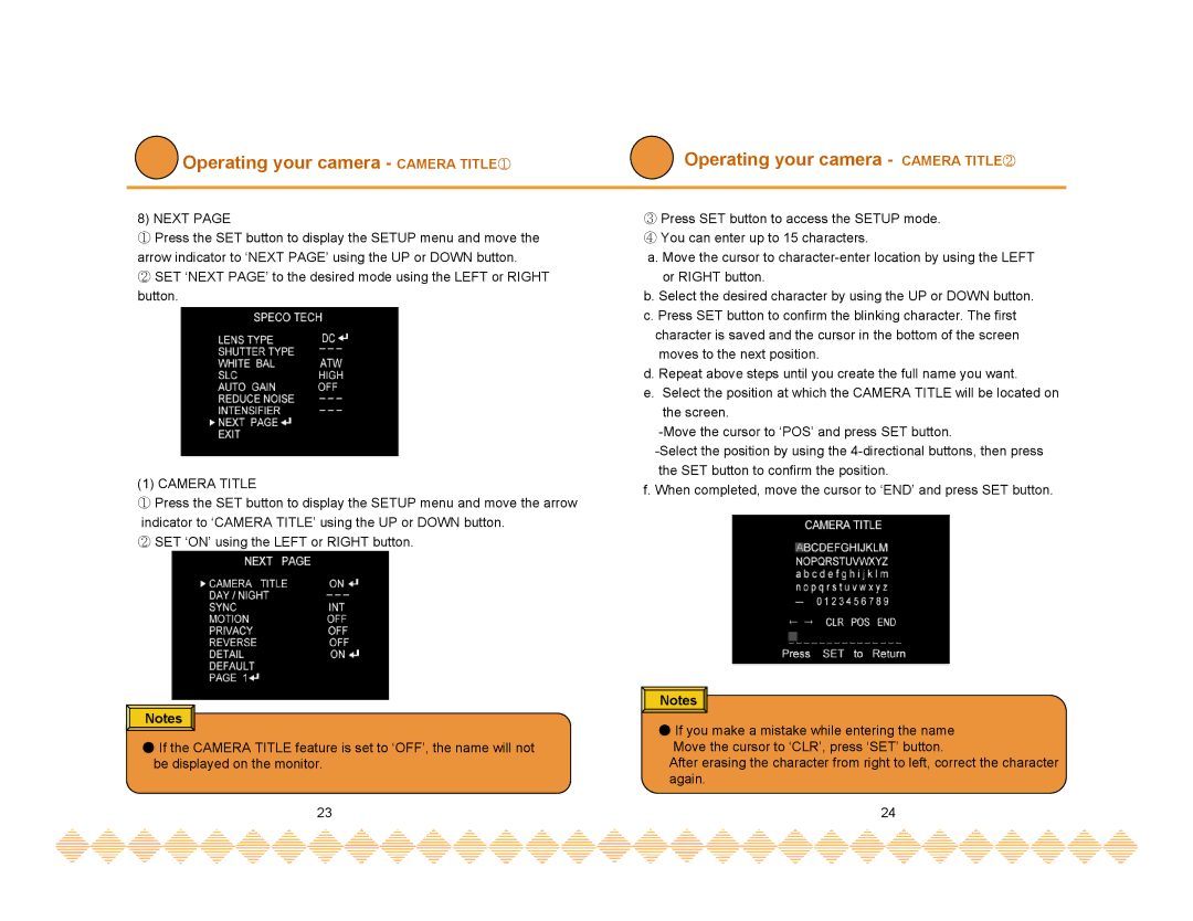 Speco Technologies HT-INTT5 manual Operating your camera Camera TITLE②, Operating your camera Camera Title, Next 