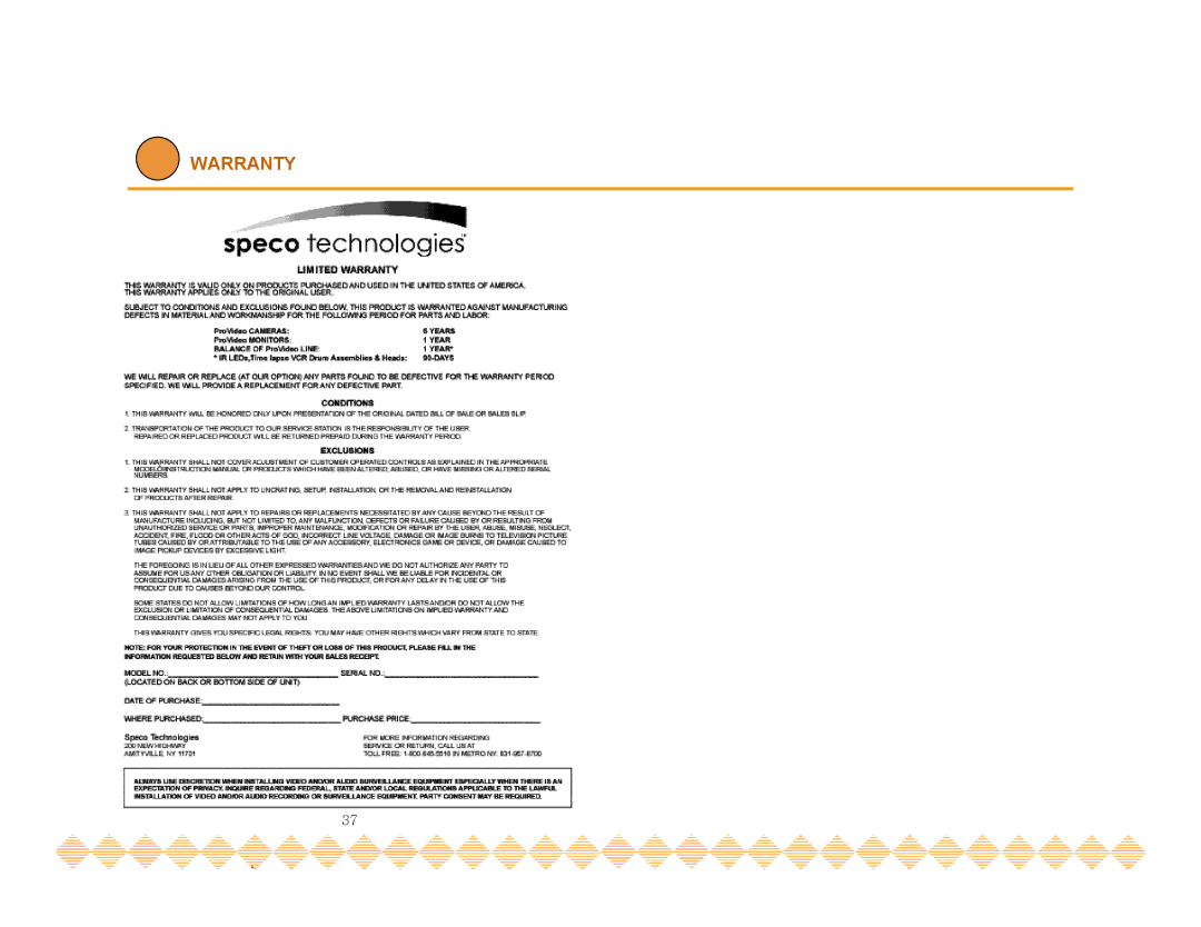 Speco Technologies HT-INTT5 manual Warranty 