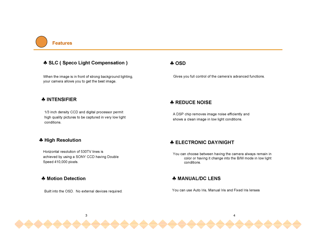 Speco Technologies HT-INTT5 manual Features, SLC Speco Light Compensation 