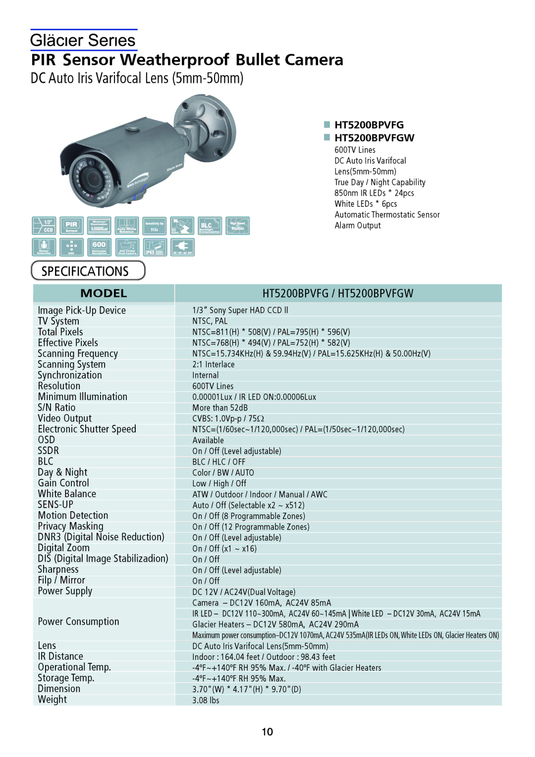 Speco Technologies HT5200BPVFGW, HT5100BPVFGW specifications DC Auto Iris Varifocal Lens 5mm-50mm 