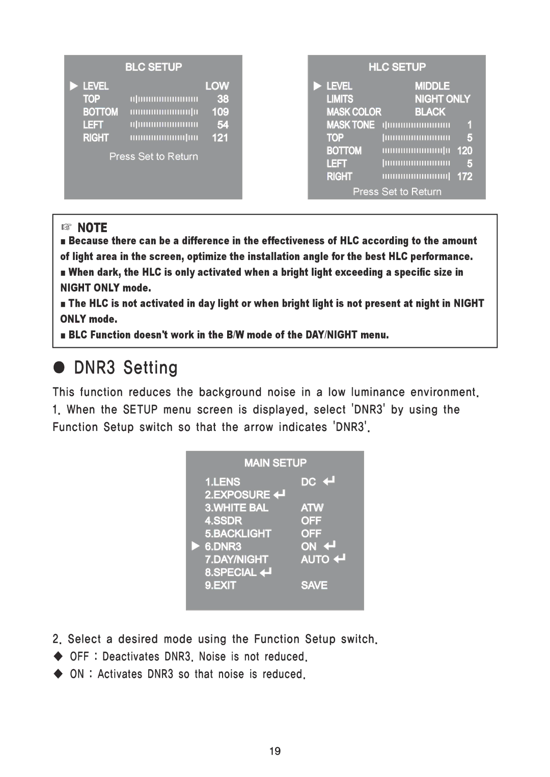 Speco Technologies HT5200BPVFGW, HT5100BPVFGW specifications DNR3 Setting 