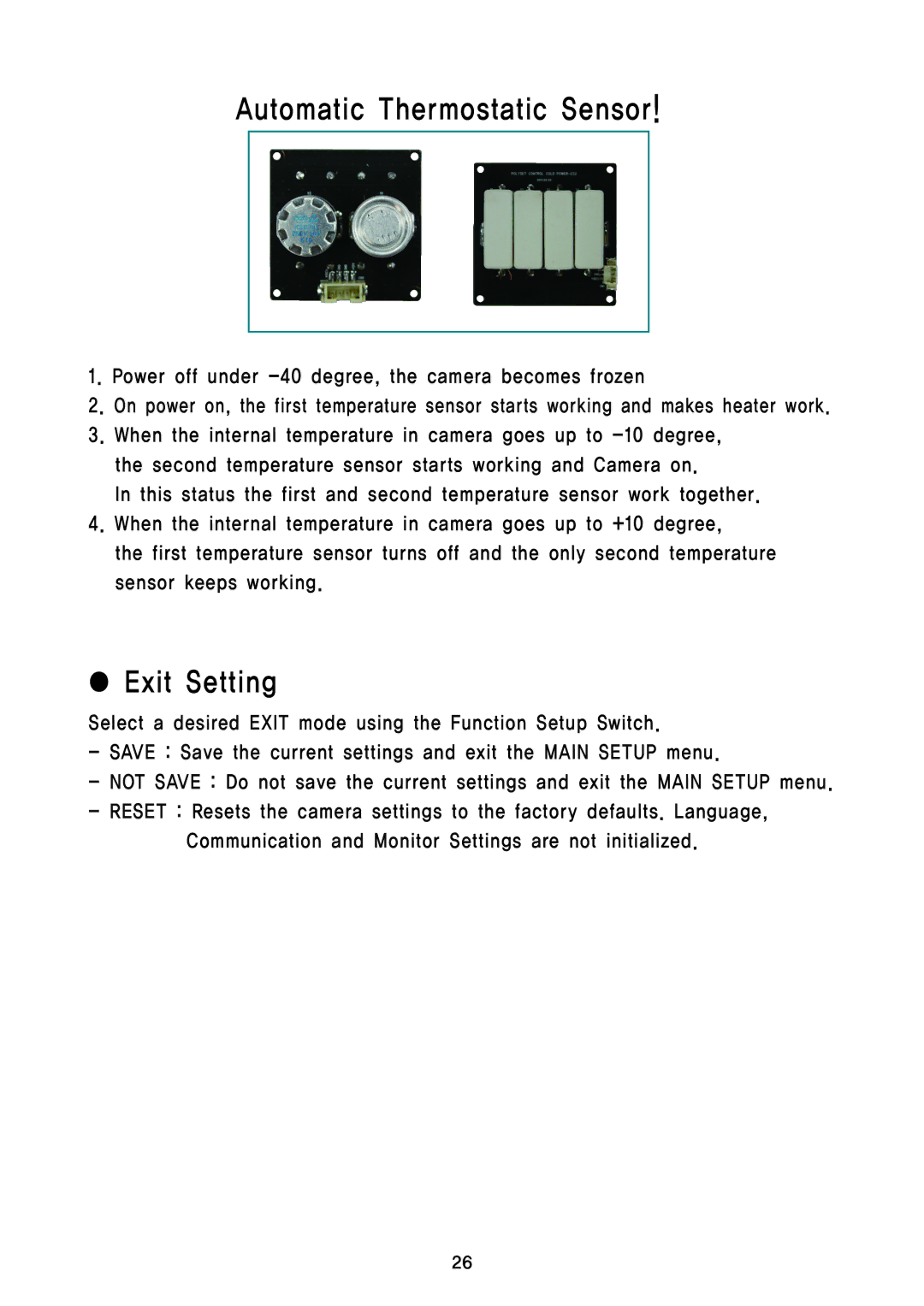 Speco Technologies HT5200BPVFGW, HT5100BPVFGW specifications Automatic Thermostatic Sensor, Exit Setting 