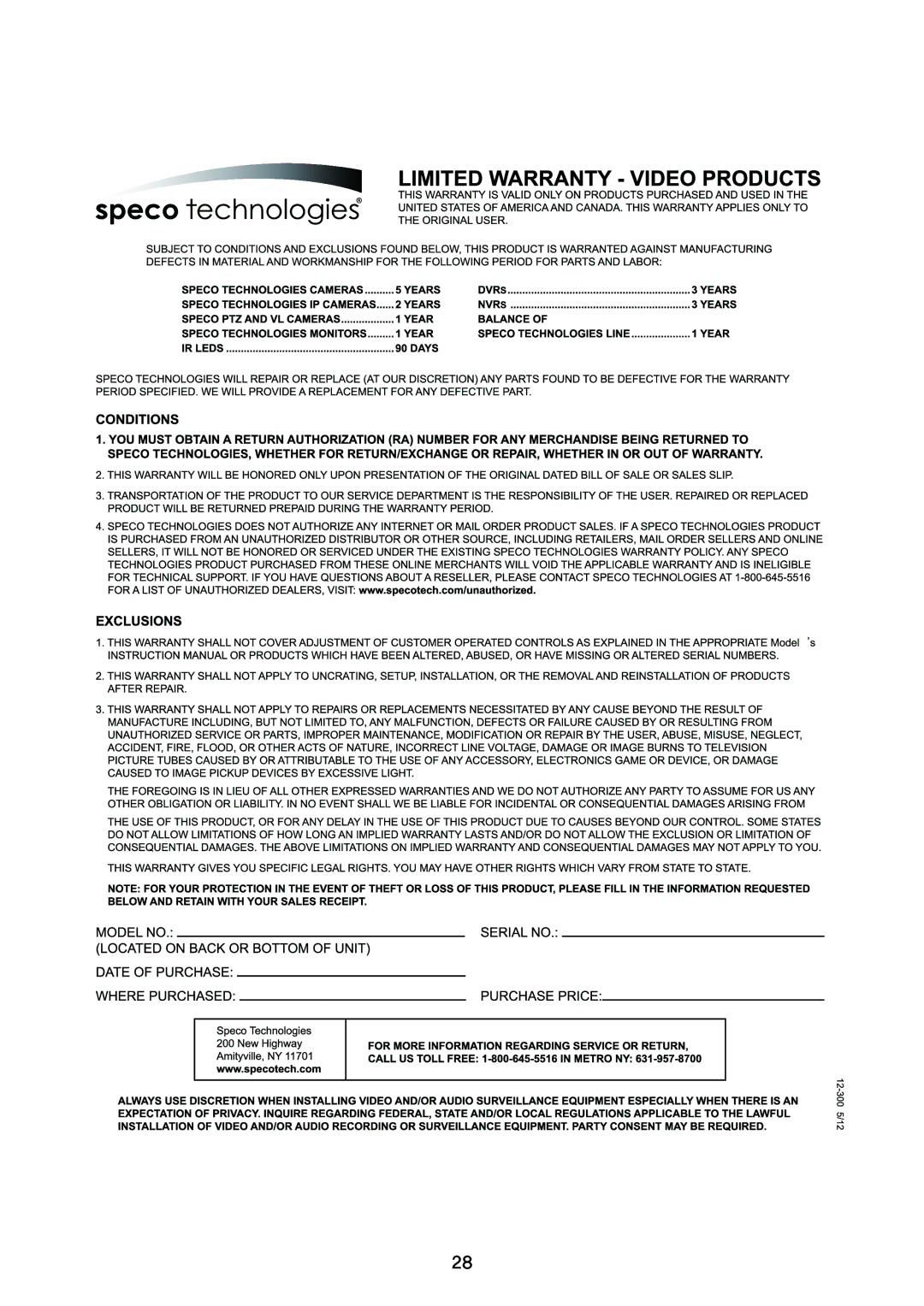 Speco Technologies HT5100BPVFGW, HT5200BPVFGW specifications 