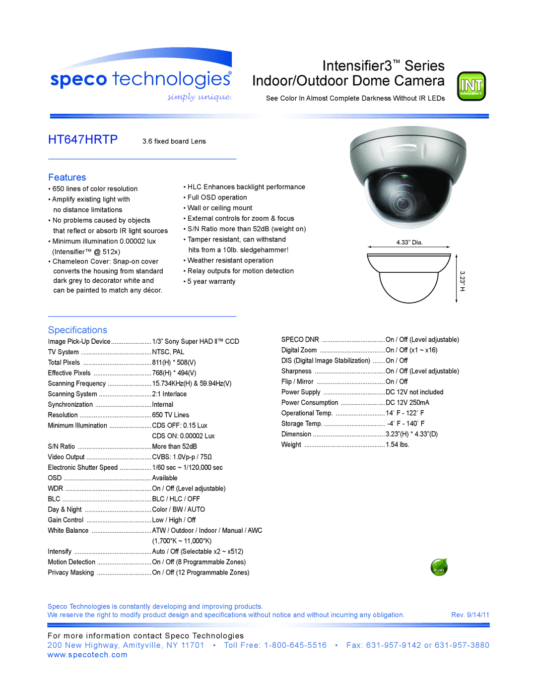 Speco Technologies HT647HRTP warranty Intensifier3 Series, Indoor/Outdoor Dome Camera, Specifications 