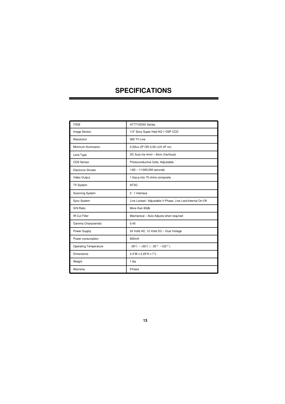 Speco Technologies HT7715DNVW manual Specifications, Ntsc 