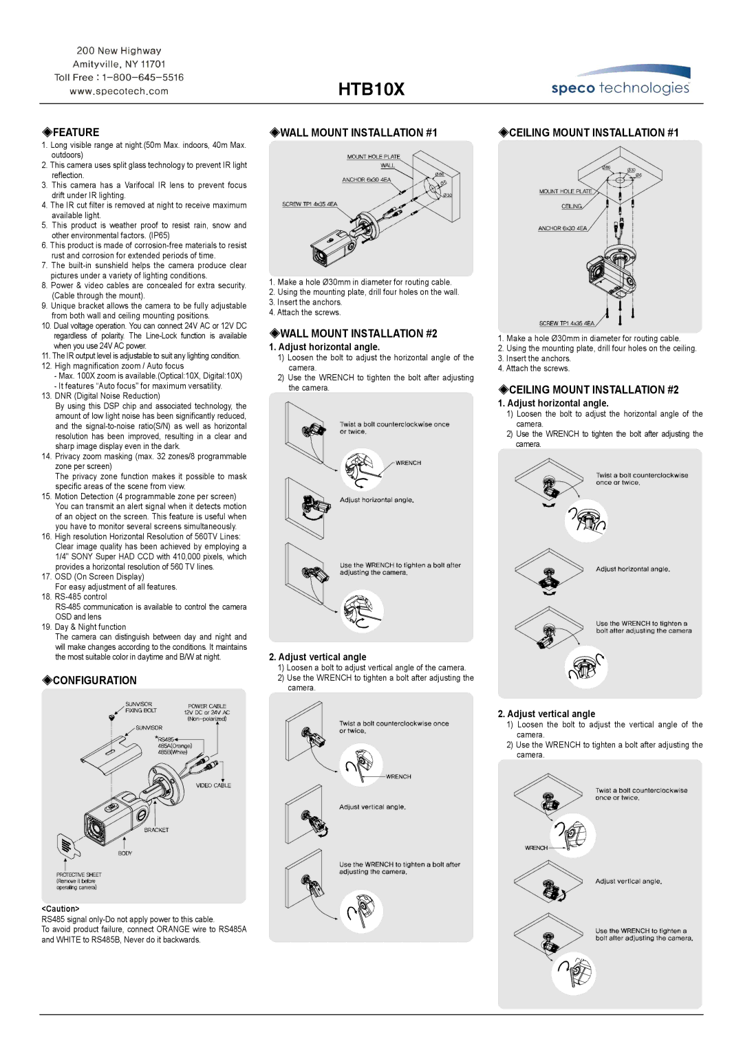 Speco Technologies HTB10X manual Feature, Configuration, Wall Mount Installation #1, Wall Mount Installation #2 