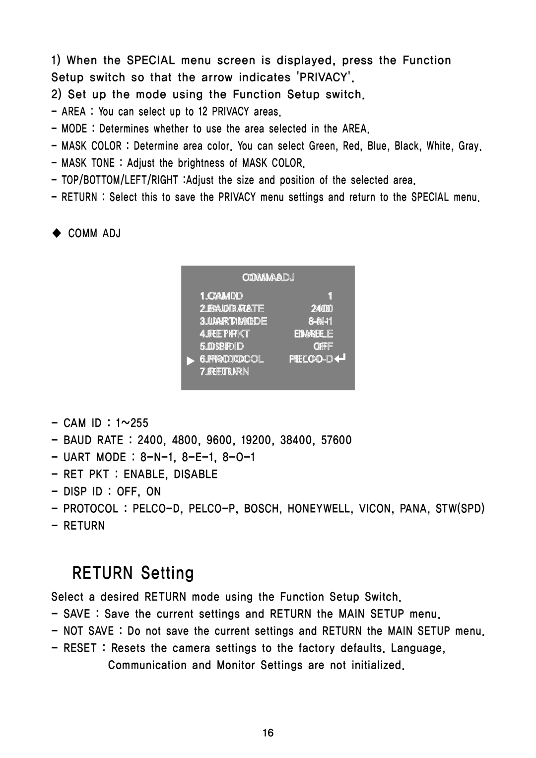 Speco Technologies HT7248FFI, HTD8FFI, HTB11FFi instruction manual Return Setting, Comm ADJ 