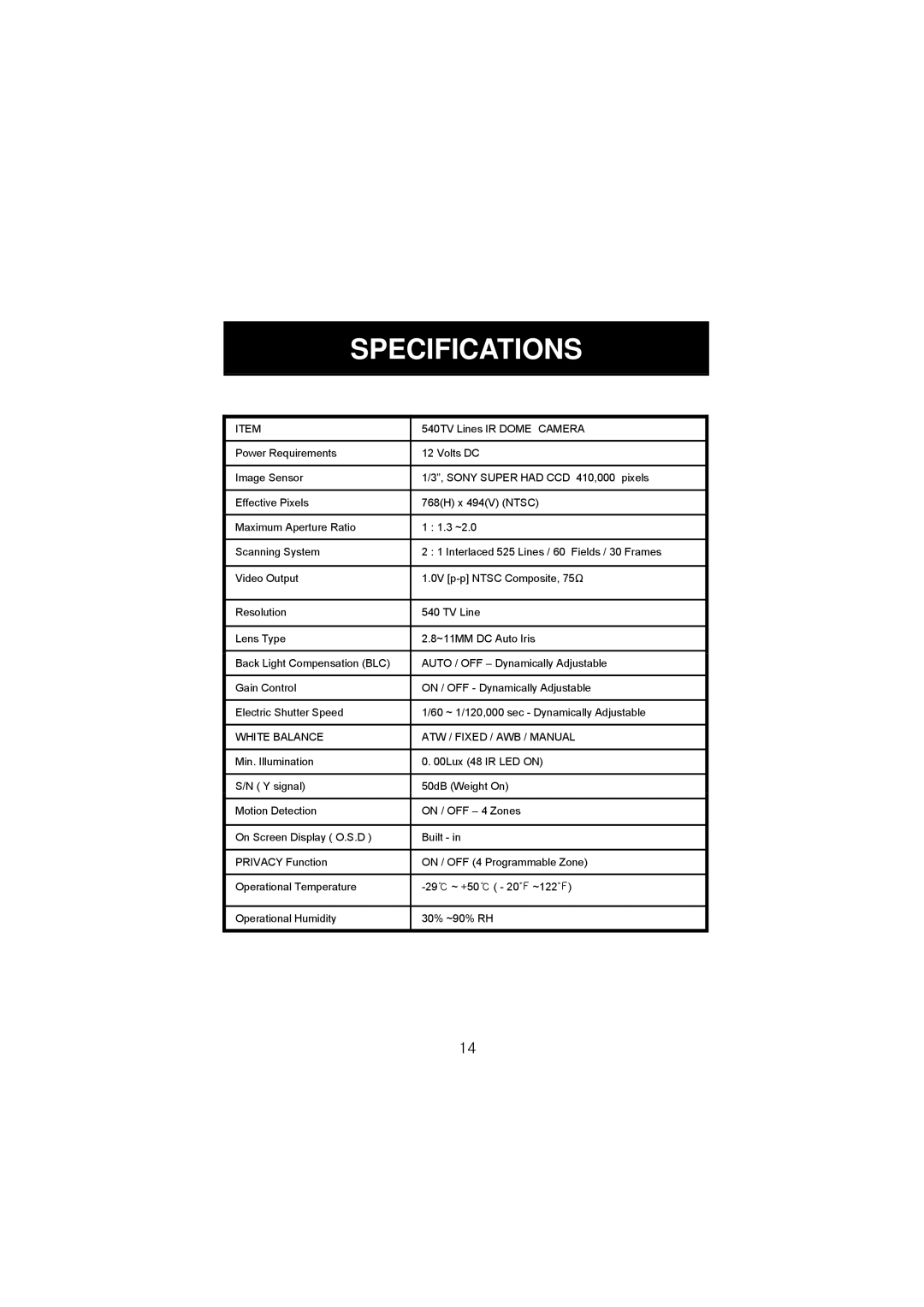 Speco Technologies HTD8SCS manual Specifications, White Balance ATW / Fixed / AWB / Manual 