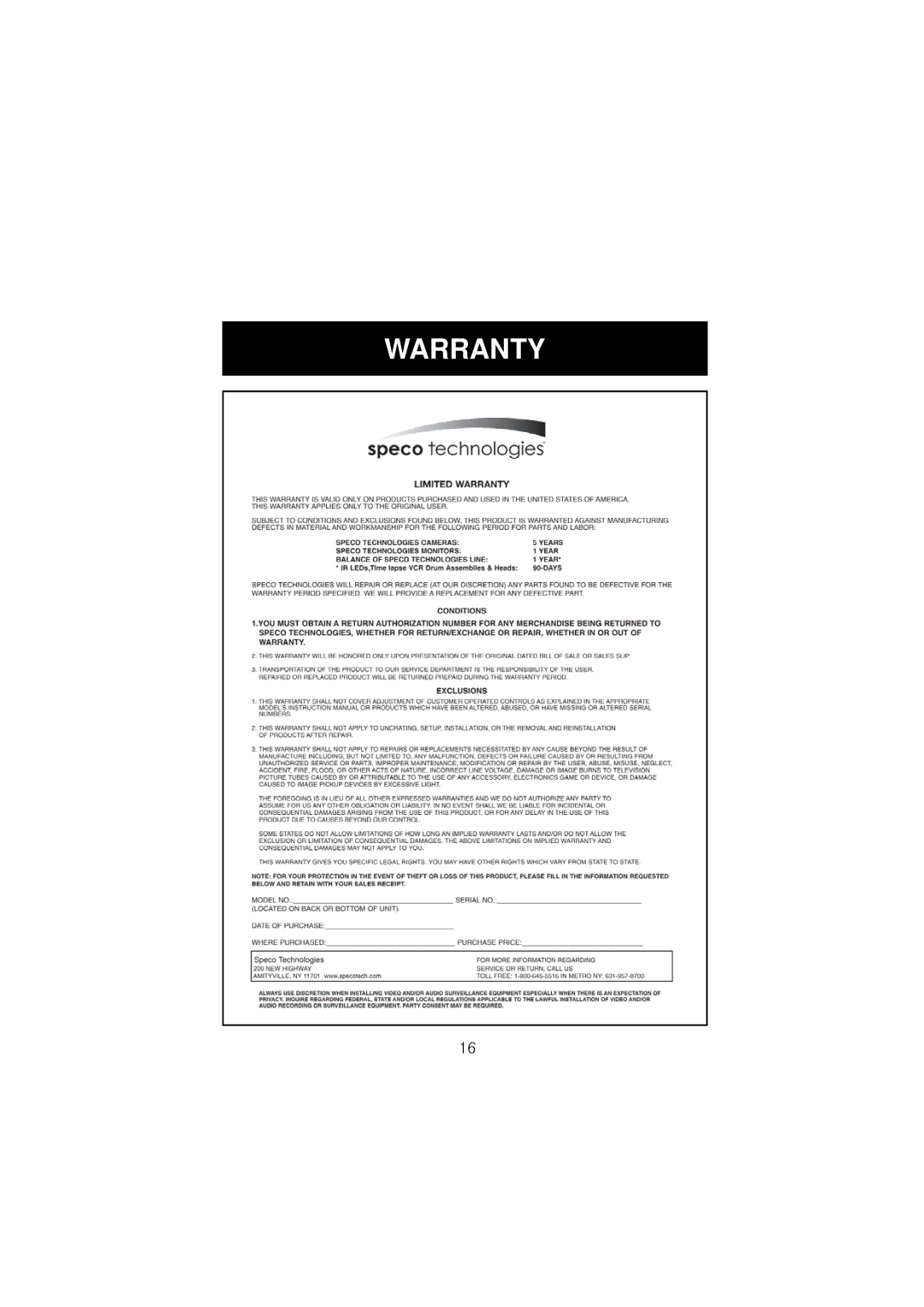 Speco Technologies HTD8SCS manual Warranty 