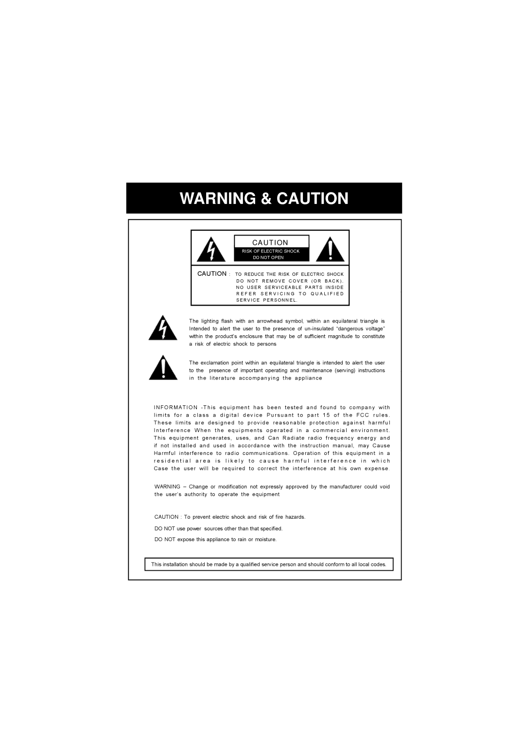 Speco Technologies HTD8SCS manual Risk of Electric Shock Do not Open 