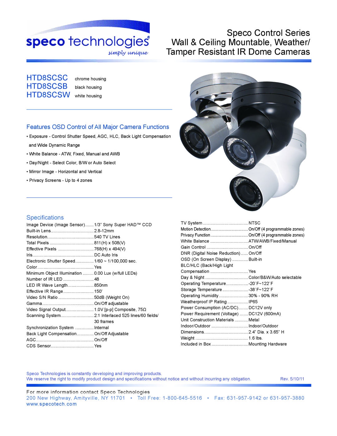 Speco Technologies HTD8SCSW dimensions HTD8SCSC, HTD8SCSB, Features OSD Control of All Major Camera Functions 