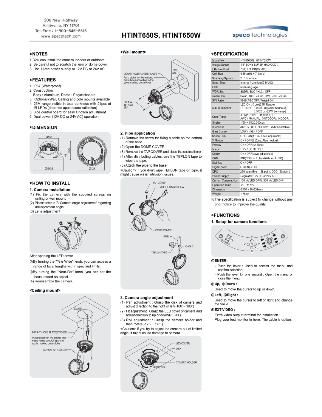 Speco Technologies HTINT650W, HTINT650S manual Features, Dimension HOW to Install, Specification, Functions 