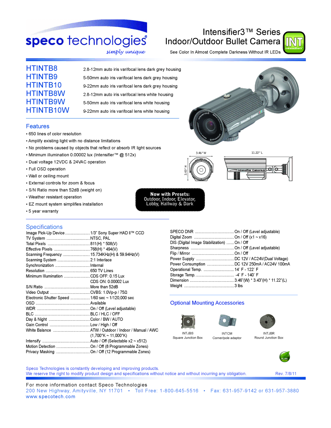 Speco Technologies HTINTD9, HTINTD8, HTINTT5, CVC6246IHR, HTINTB9, HTINTD10 instruction manual 650Line Intensifier3 Series 