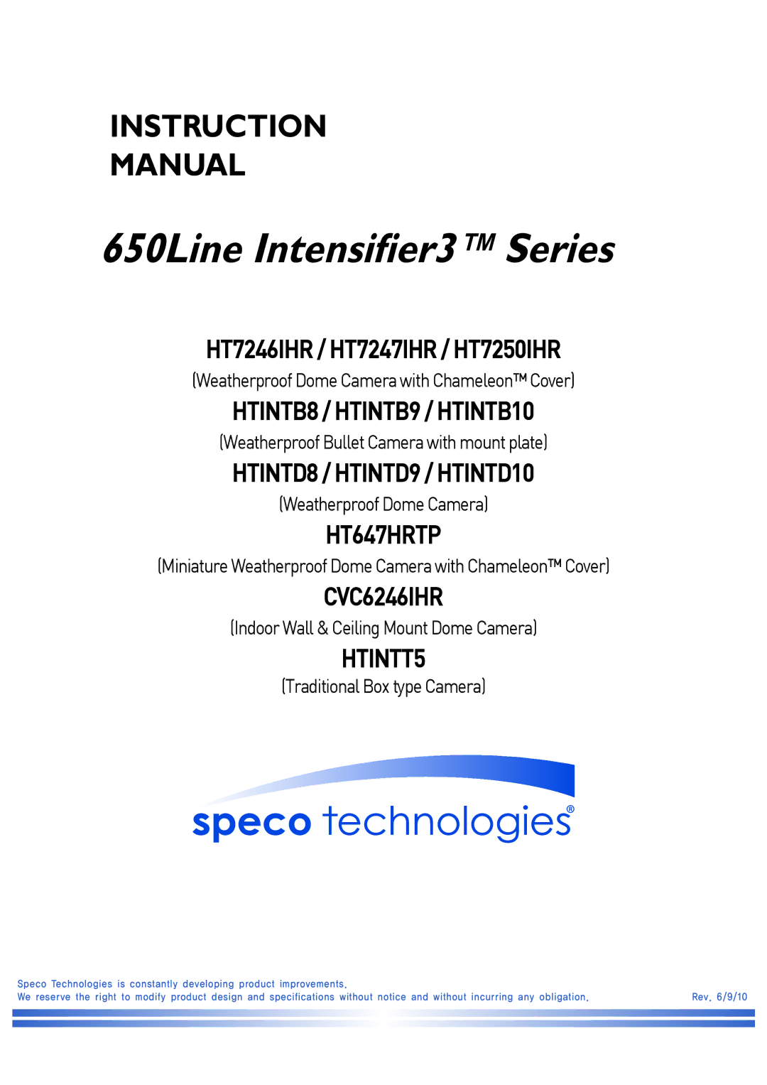 Speco Technologies HTINTB8 technical specifications General Specifications, COLOR/B-W CCD Camera Specifications, Ntsc 