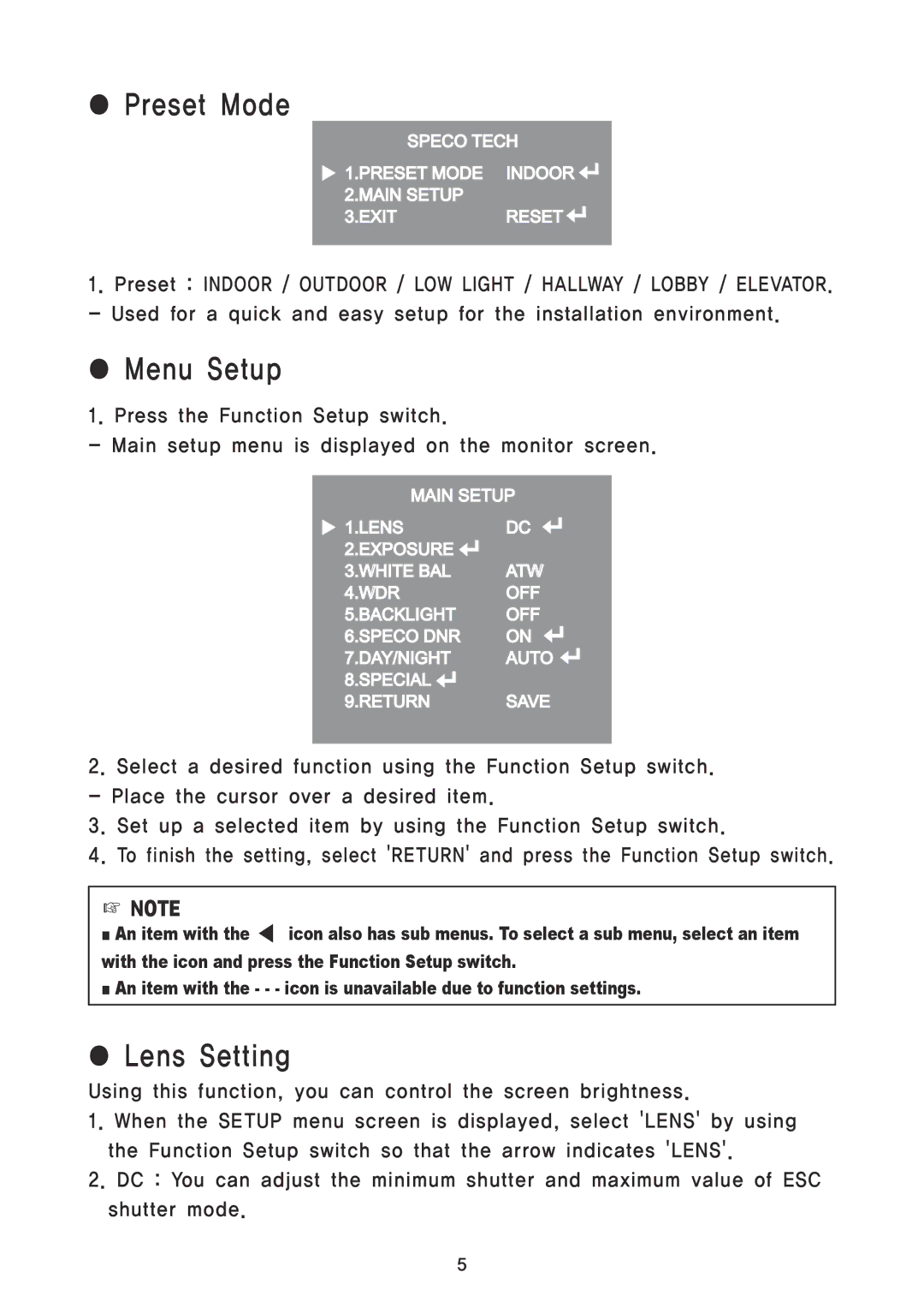 Speco Technologies CVC6246IHR, HTINTD8, HTINTD9, HTINTT5, HTINTB9, HTINTD10, HT7247IHR Preset Mode, Menu Setup, Lens Setting 