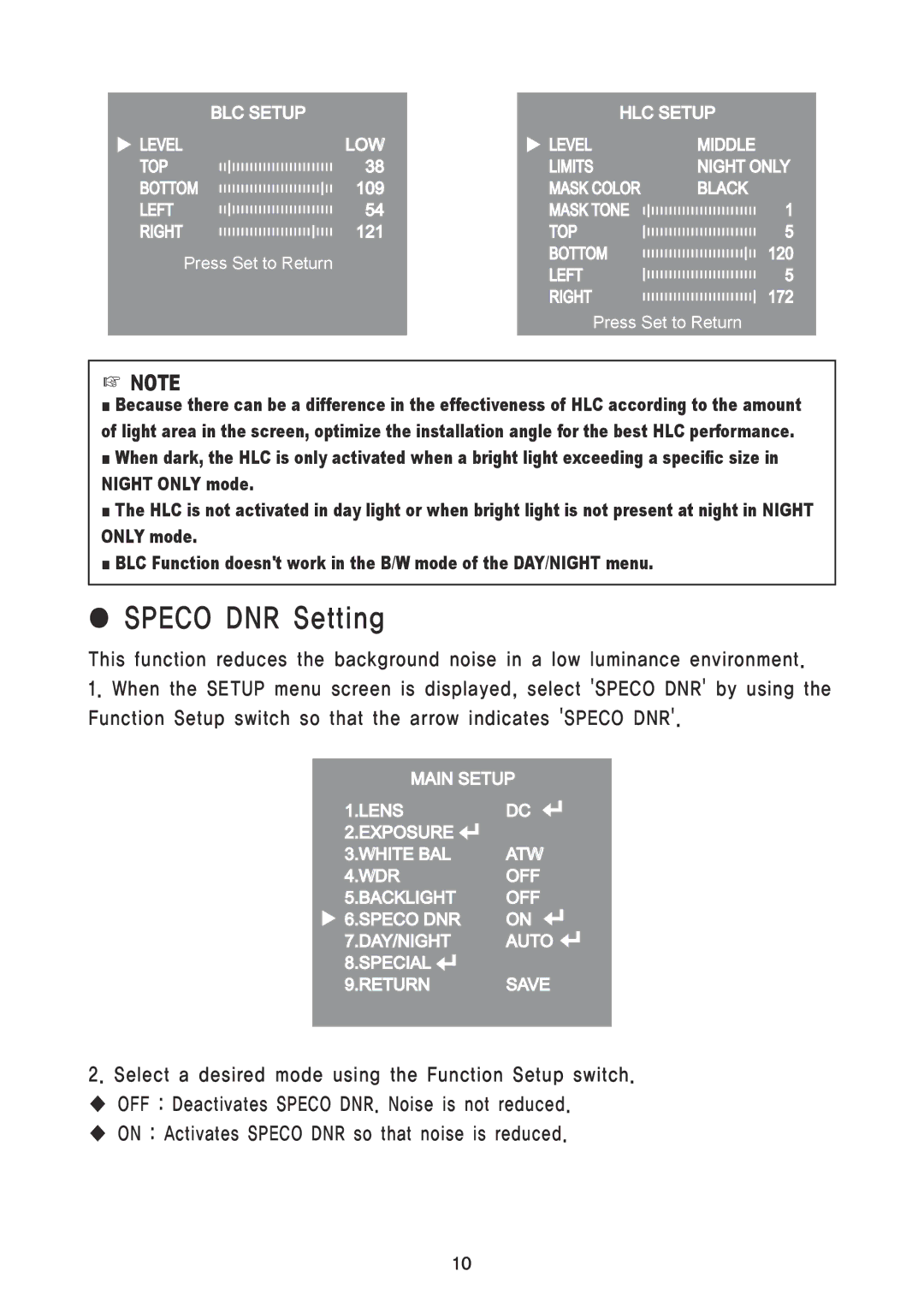 Speco Technologies HT7250IHR, HTINTD8, HTINTD9, HTINTT5, CVC6246IHR, HTINTB9, HTINTD10, HT7247IHR, HTINTB8 Speco DNR Setting 