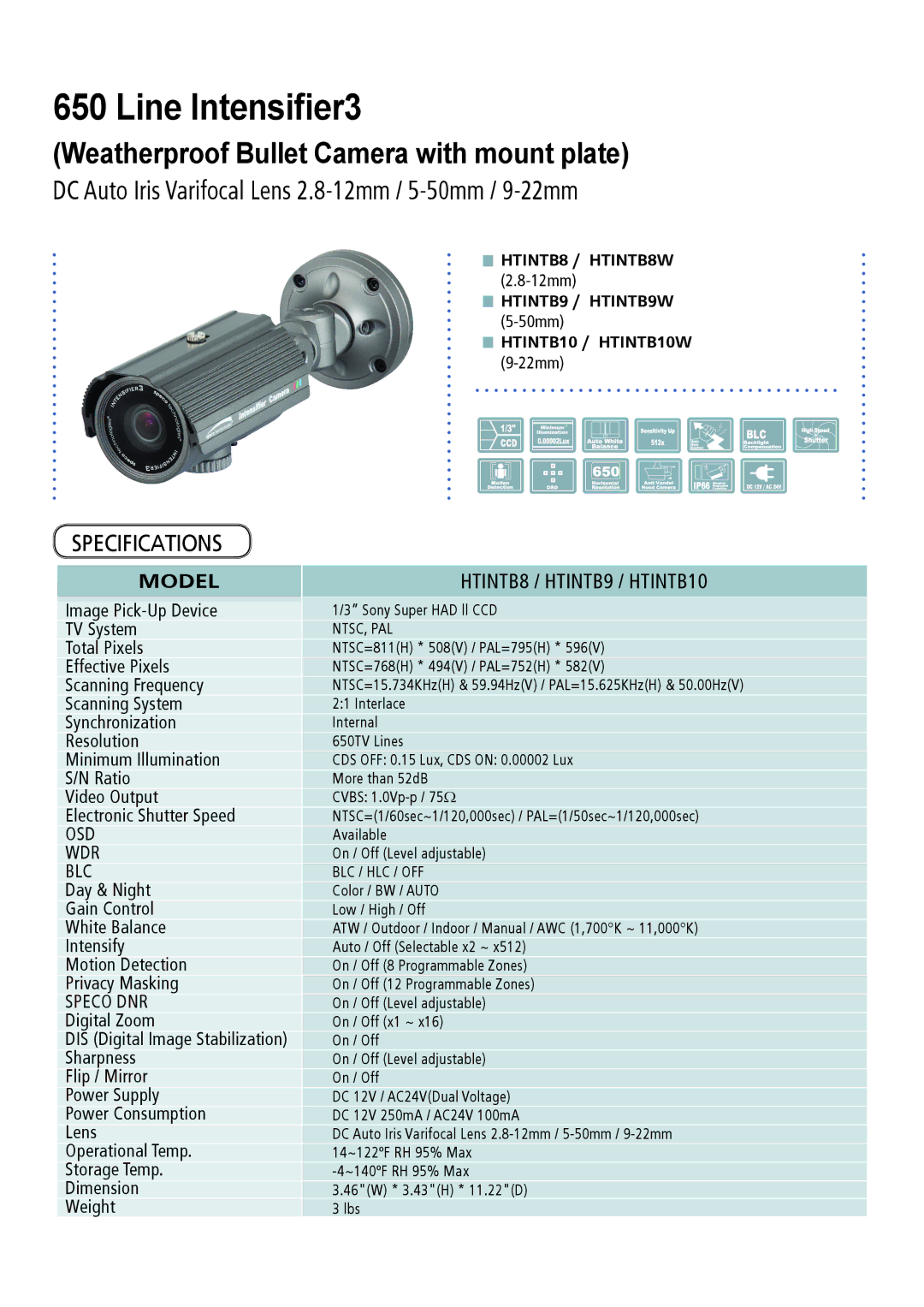 Speco Technologies HTINTD10, HTINTD8 Weatherproof Bullet Camera with mount plate, Model HTINTB8 / HTINTB9 / HTINTB10 