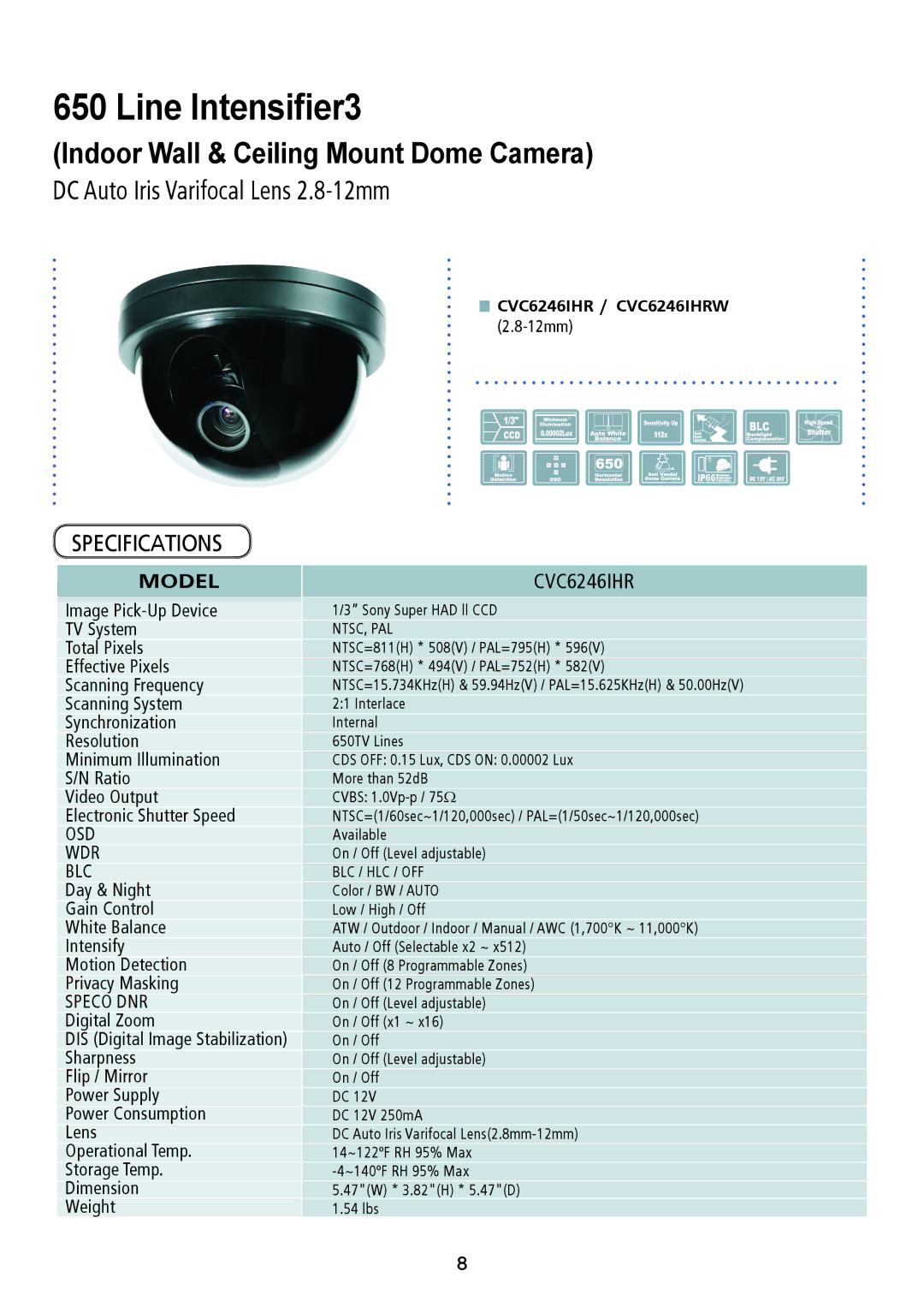 Speco Technologies HT7250IHR, HTINTD8 Indoor Wall & Ceiling Mount Dome Camera, DC Auto Iris Varifocal Lens 2.8-12mm 