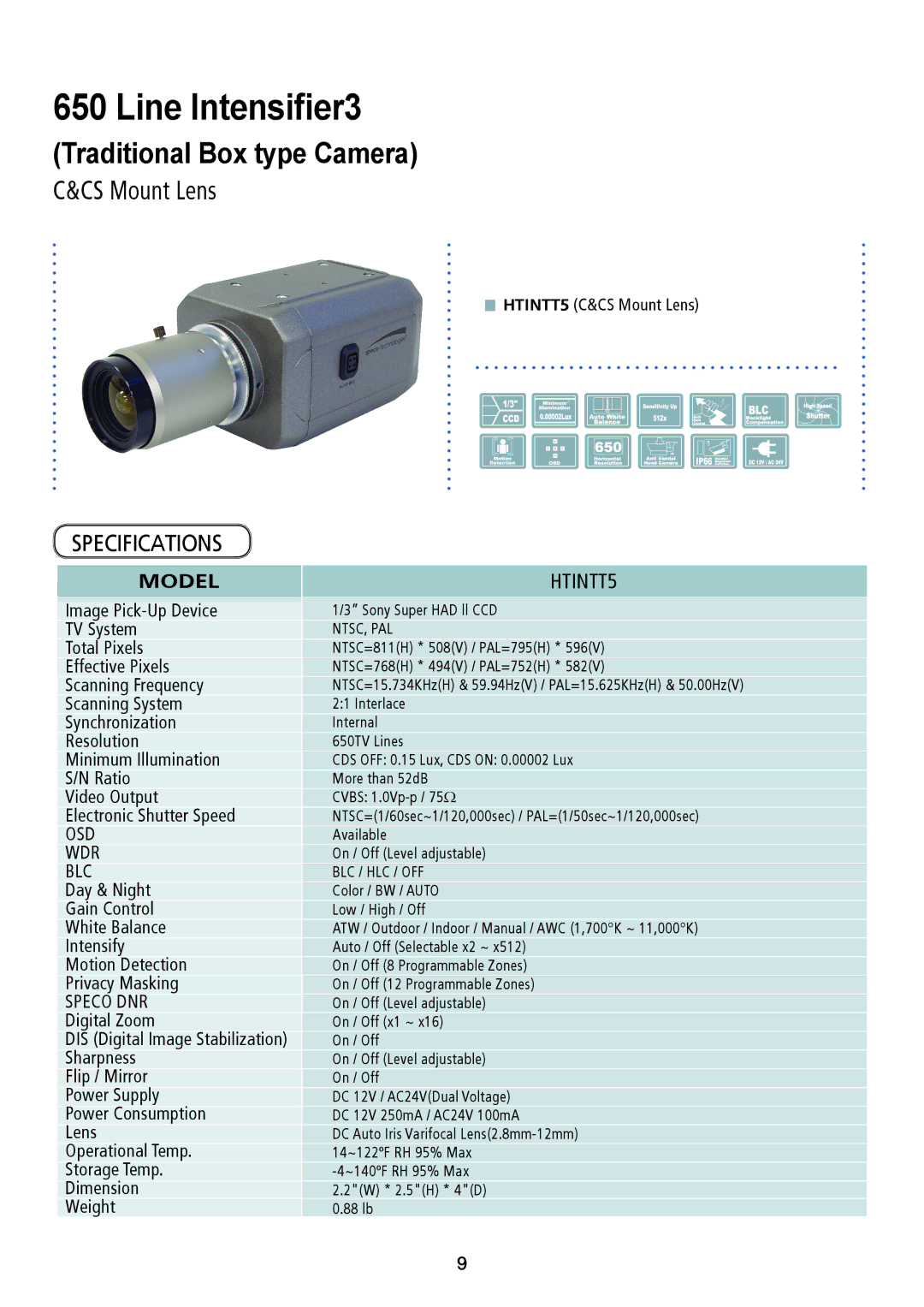 Speco Technologies HT7246IHR, HTINTD8, HTINTD9, CVC6246IHR, HTINTB9 Traditional Box type Camera, CS Mount Lens, Model HTINTT5 