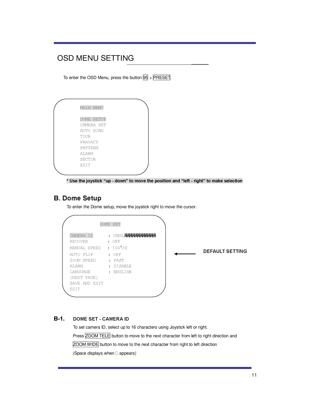 Speco Technologies HTSD10X manual OSD Menu Setting, Dome SET Camera ID 