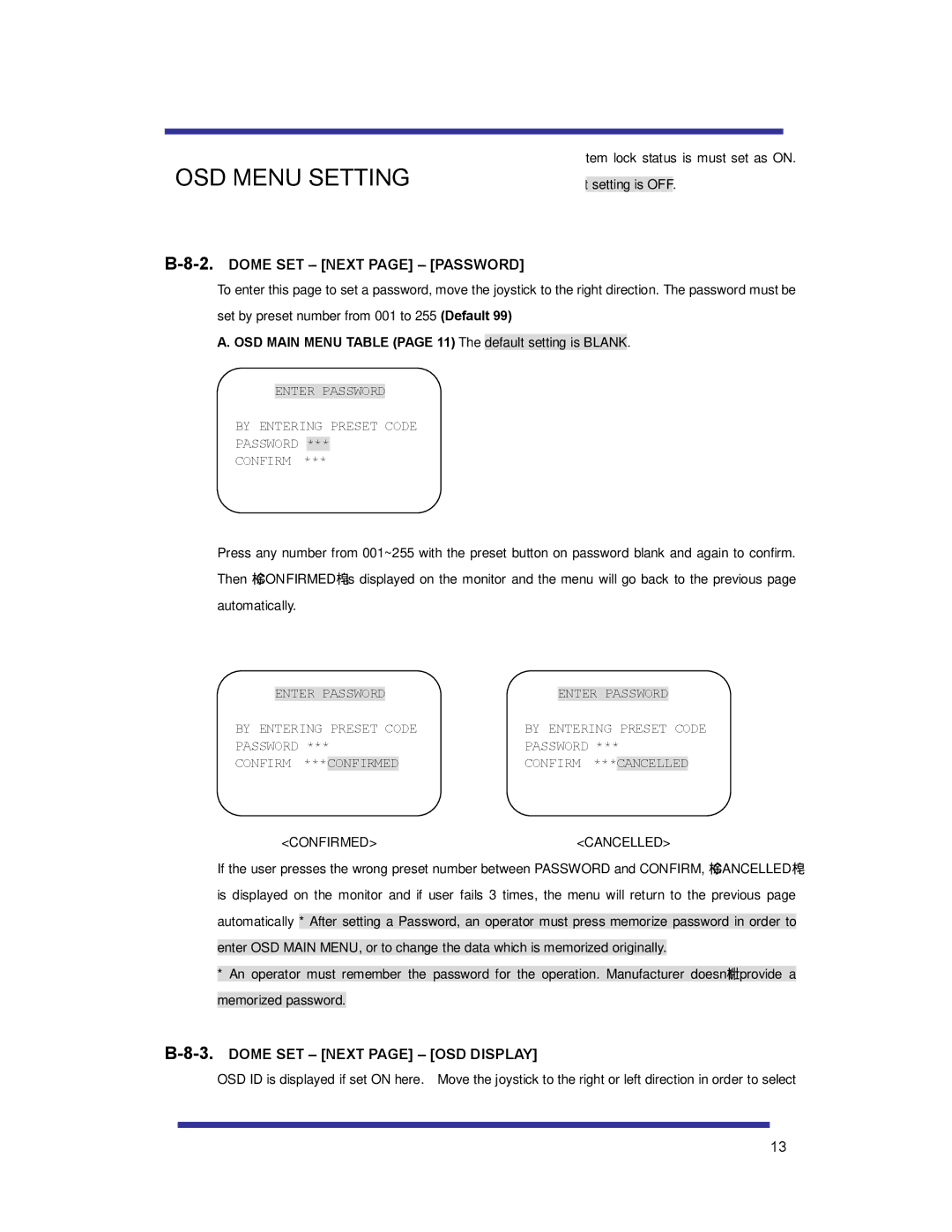 Speco Technologies HTSD10X manual Dome SET Next page Password, Dome SET Next page OSD Display 