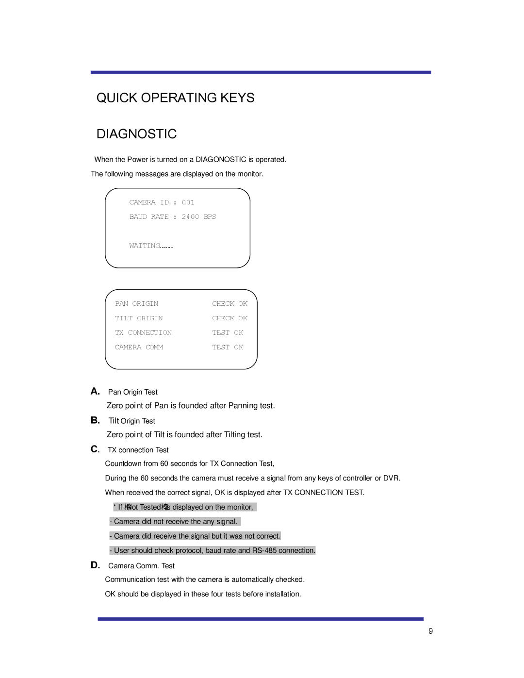 Speco Technologies HTSD10X manual Quick Operating Keys Diagnostic, Zero point of Tilt is founded after Tilting test 