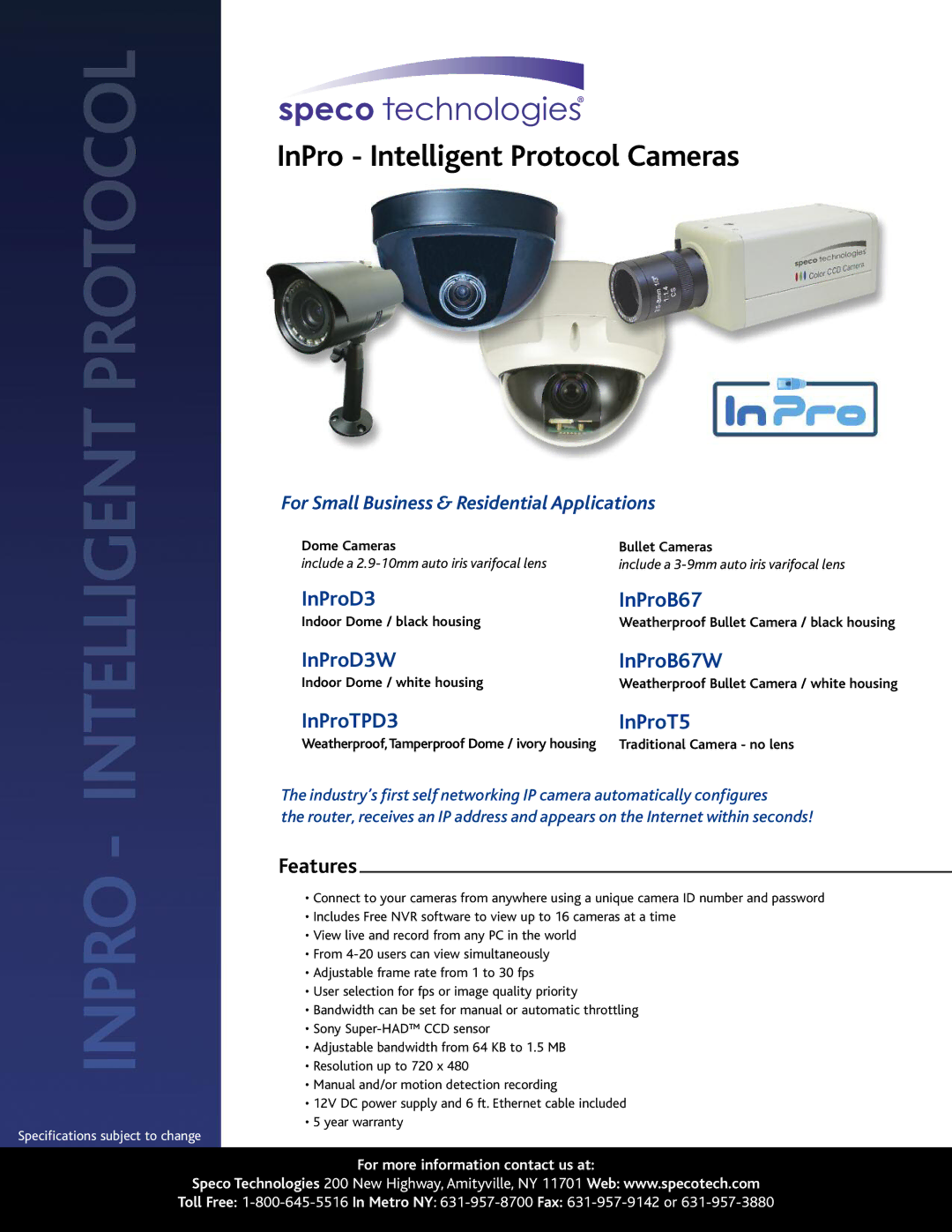 Speco Technologies InProTPD3 warranty InPro Intelligent Protocol Cameras, InProD3 InProB67, InProD3W InProB67W, Features 