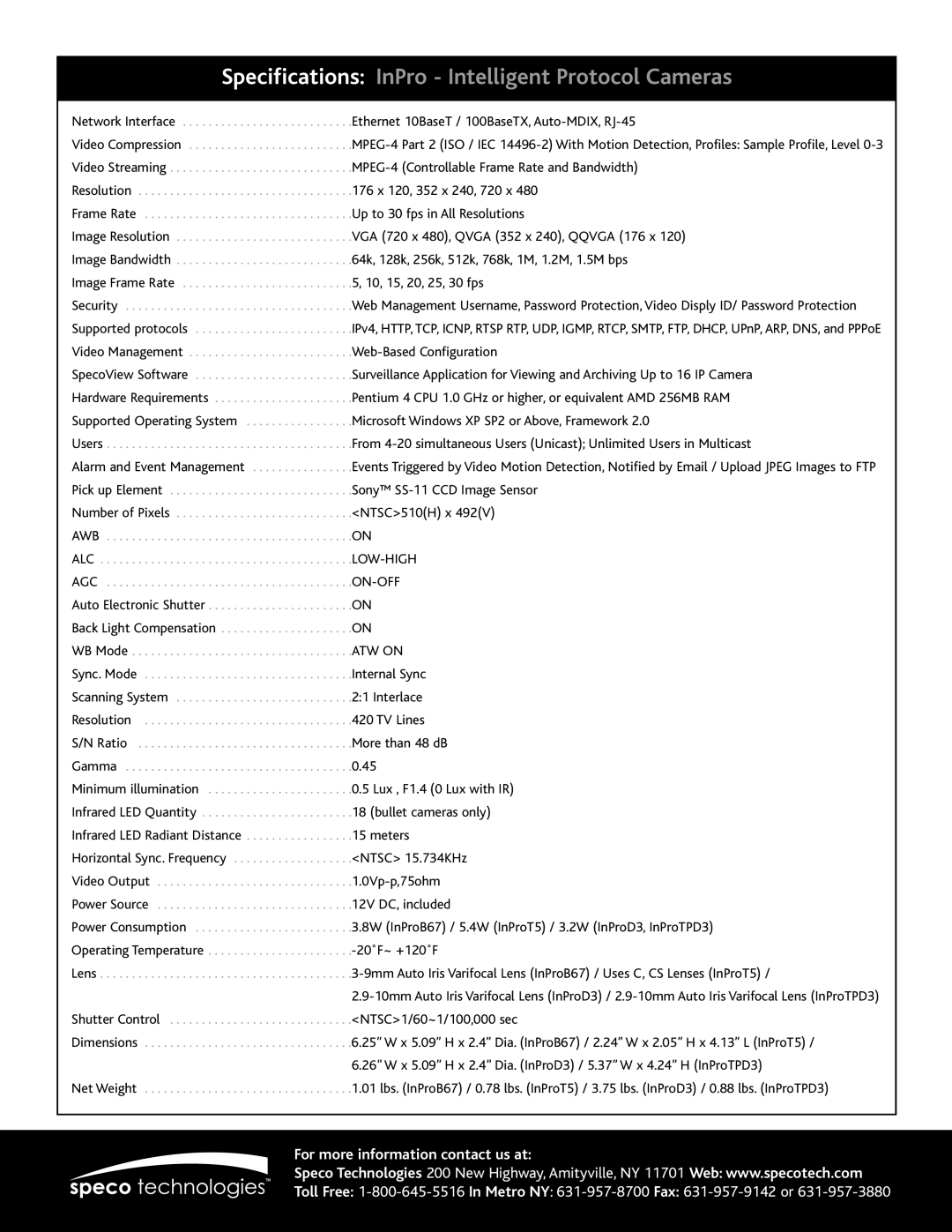 Speco Technologies InProD3W, InProT5, InProTPD3 Specifications InPro Intelligent Protocol Cameras, Low-High, On-Off, ATW on 