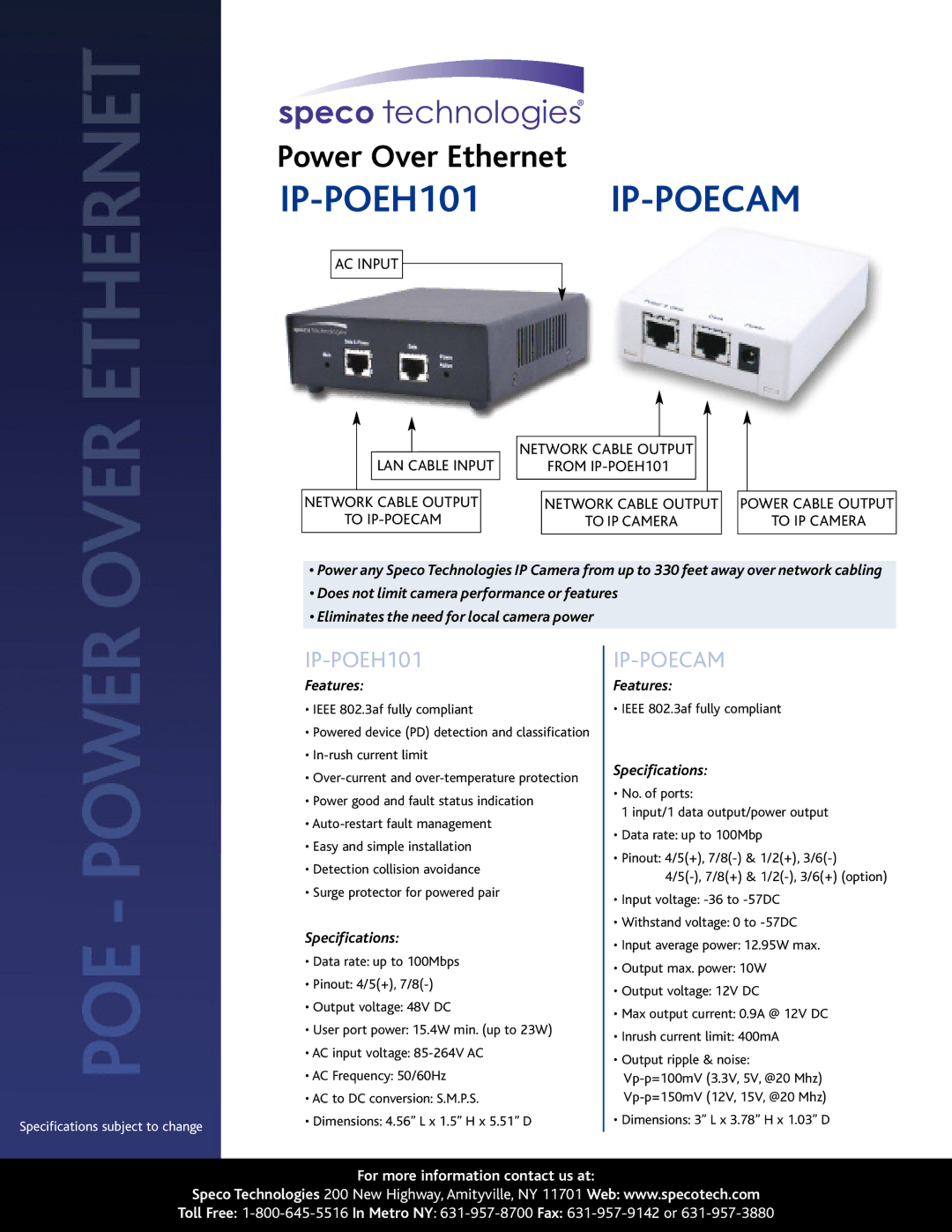 Speco Technologies specifications IP-POEH101 IP-POECAM, Ip-Poecam, Features, Specifications 